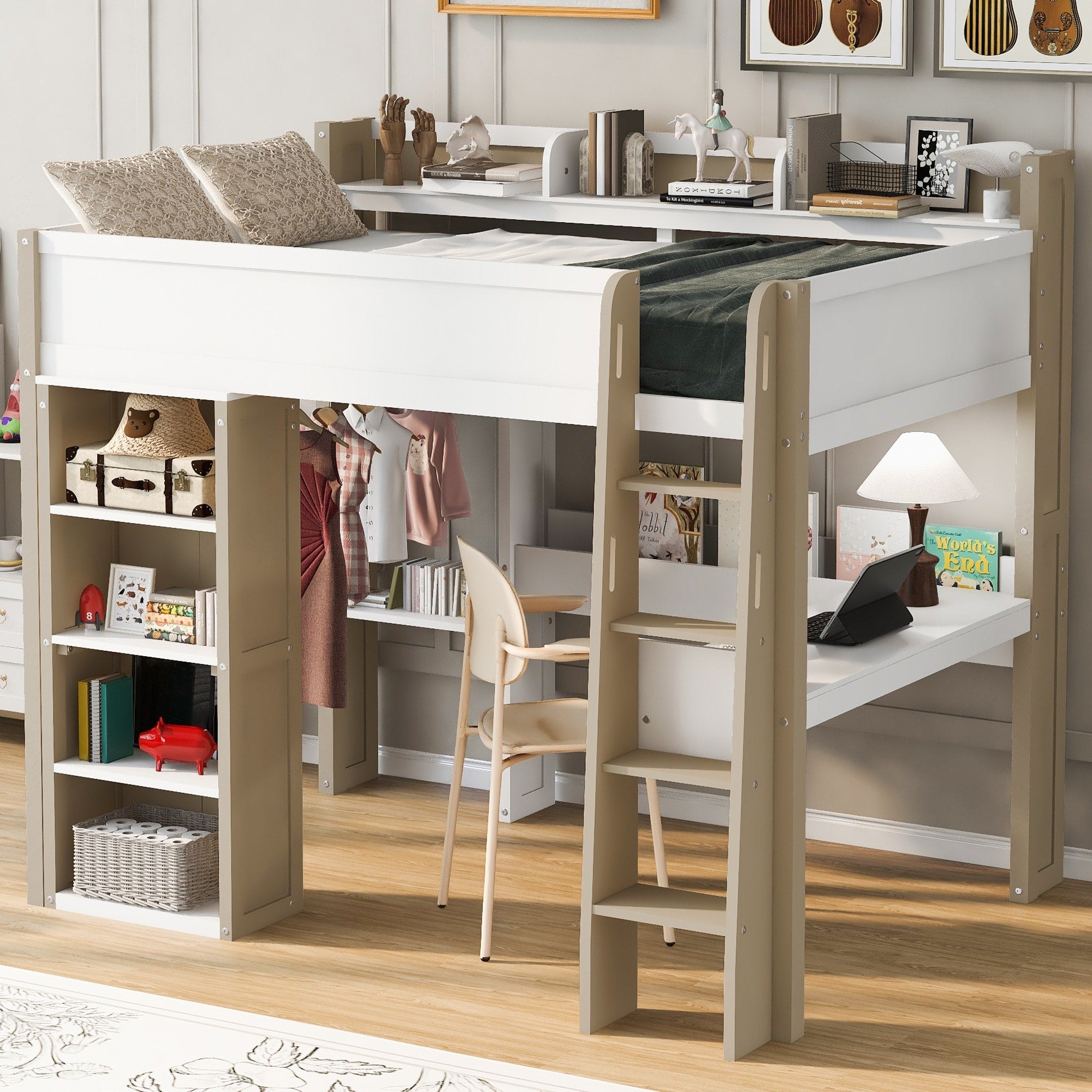 Modern Full Size Wood Loft Bed With Integrated Desk Wardrobe And Storage Shelves