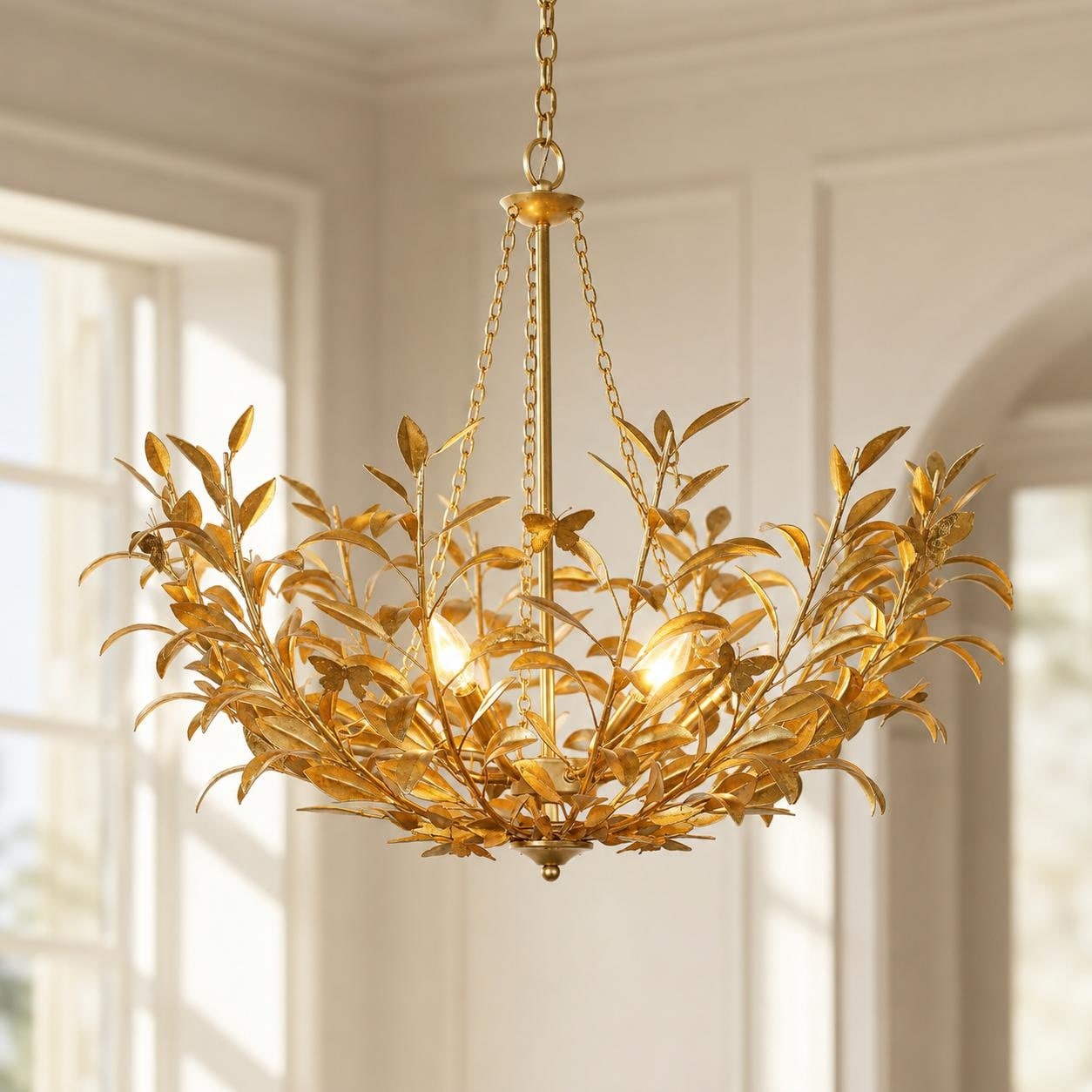 Modern Glam 6 Light Antique Gold Foil Metal Chandelier Leaf Butterfly Ceiling Light Diameter 32.2 Height 28.7