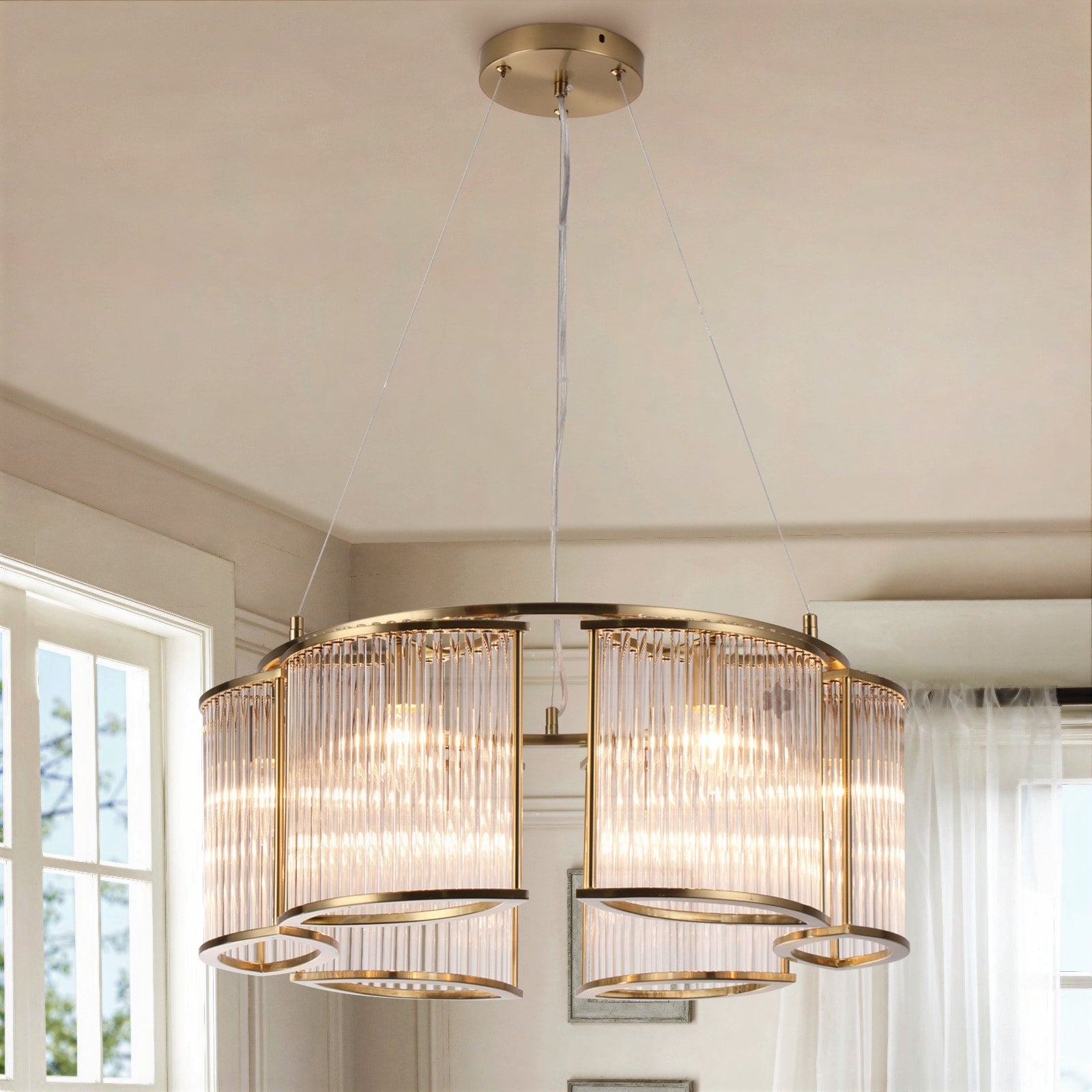 Contemporary 6 Light Drum Glass Chandelier For Living Dining Room Gold