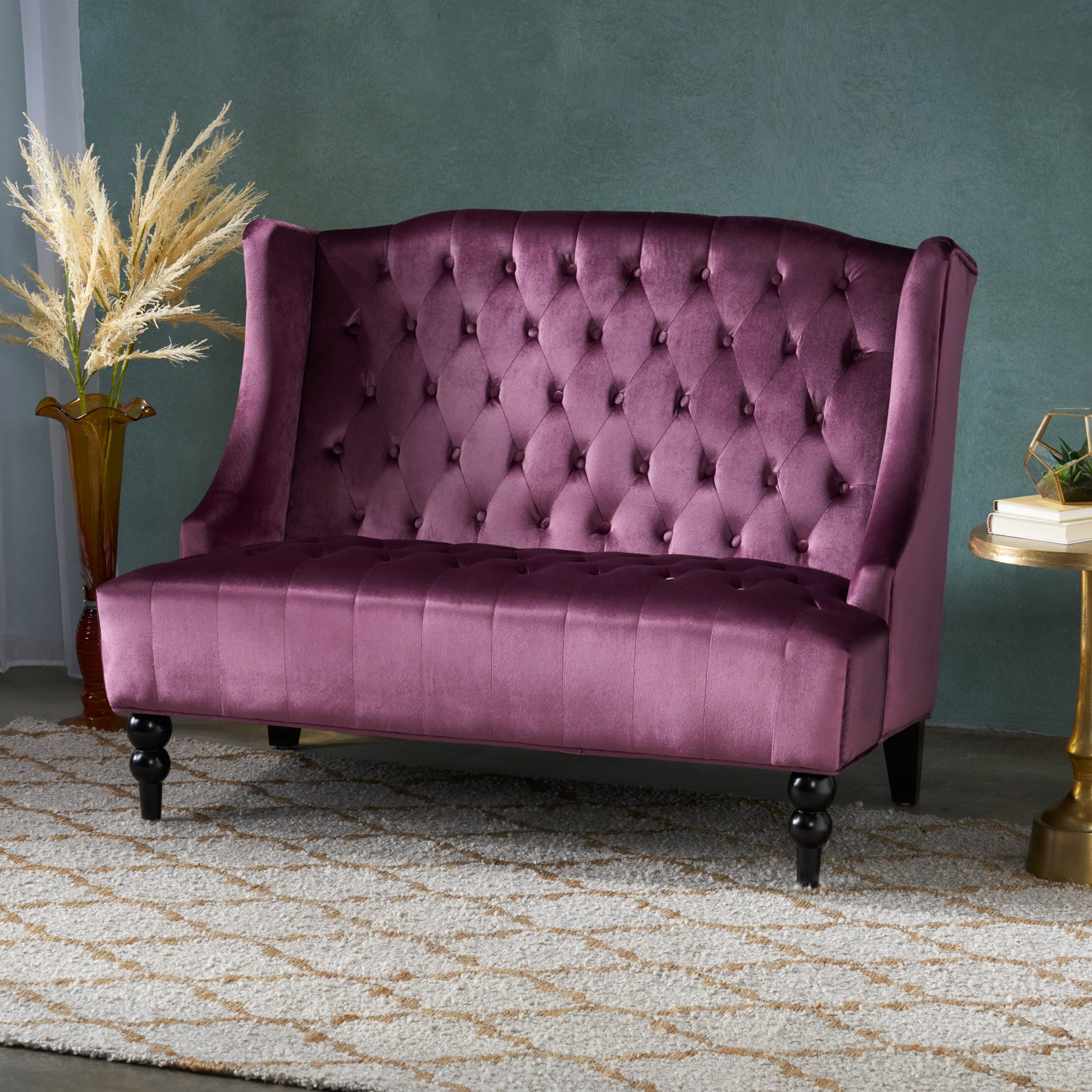 Modern Glam Velvet Wingback Loveseat With Diamond Tufting Wall Hugger Function