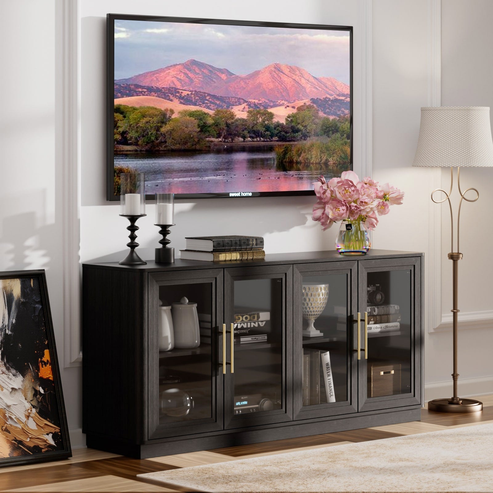 Modern Glass Door Buffet Cabinet With 4 Doors