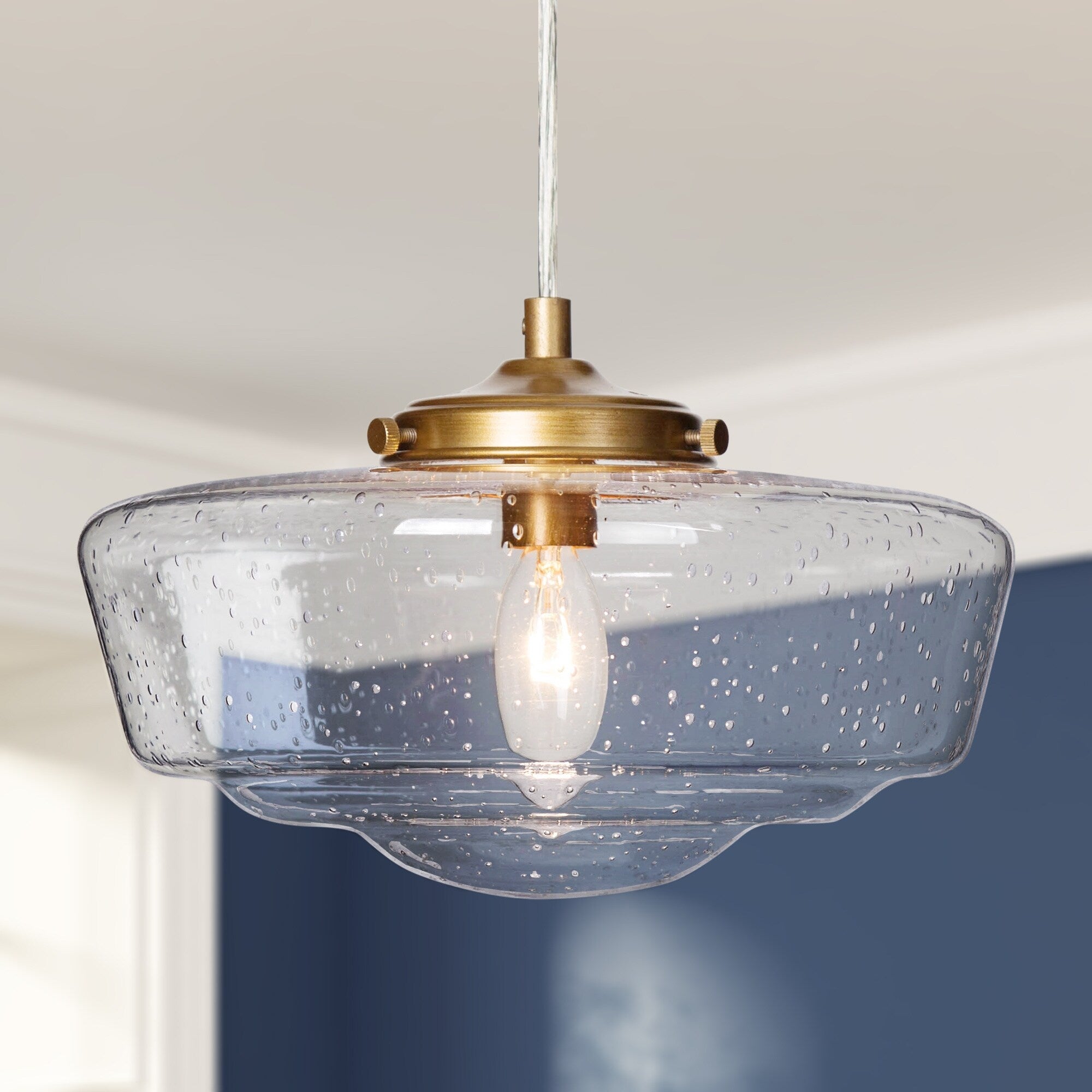 Mid Century Gold Brush Pendant Seeded Glass Shade Ceiling Hanging Lighting D 6.3 H 7.1