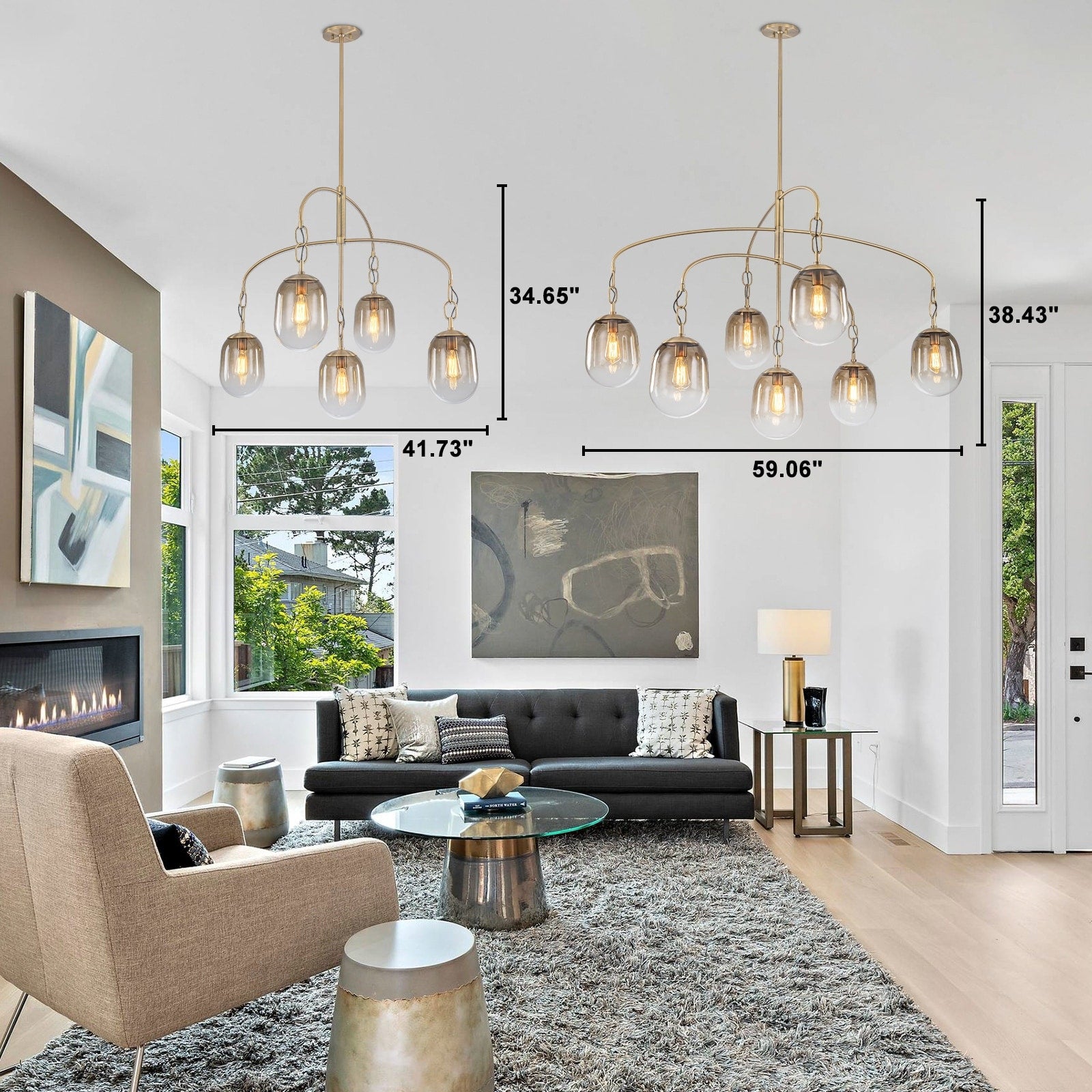Modern Gold Chandelier Gradient Glass Shades 2 Tier Curved Arm