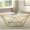 Modern Gold Geometric Design Coffee Table With White Carrera Marble Like Top