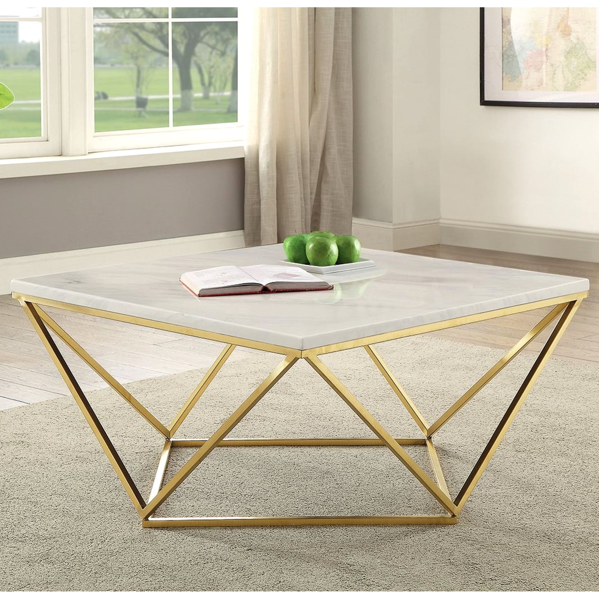 Modern Gold Geometric Design Coffee Table With White Carrera Marble Like Top