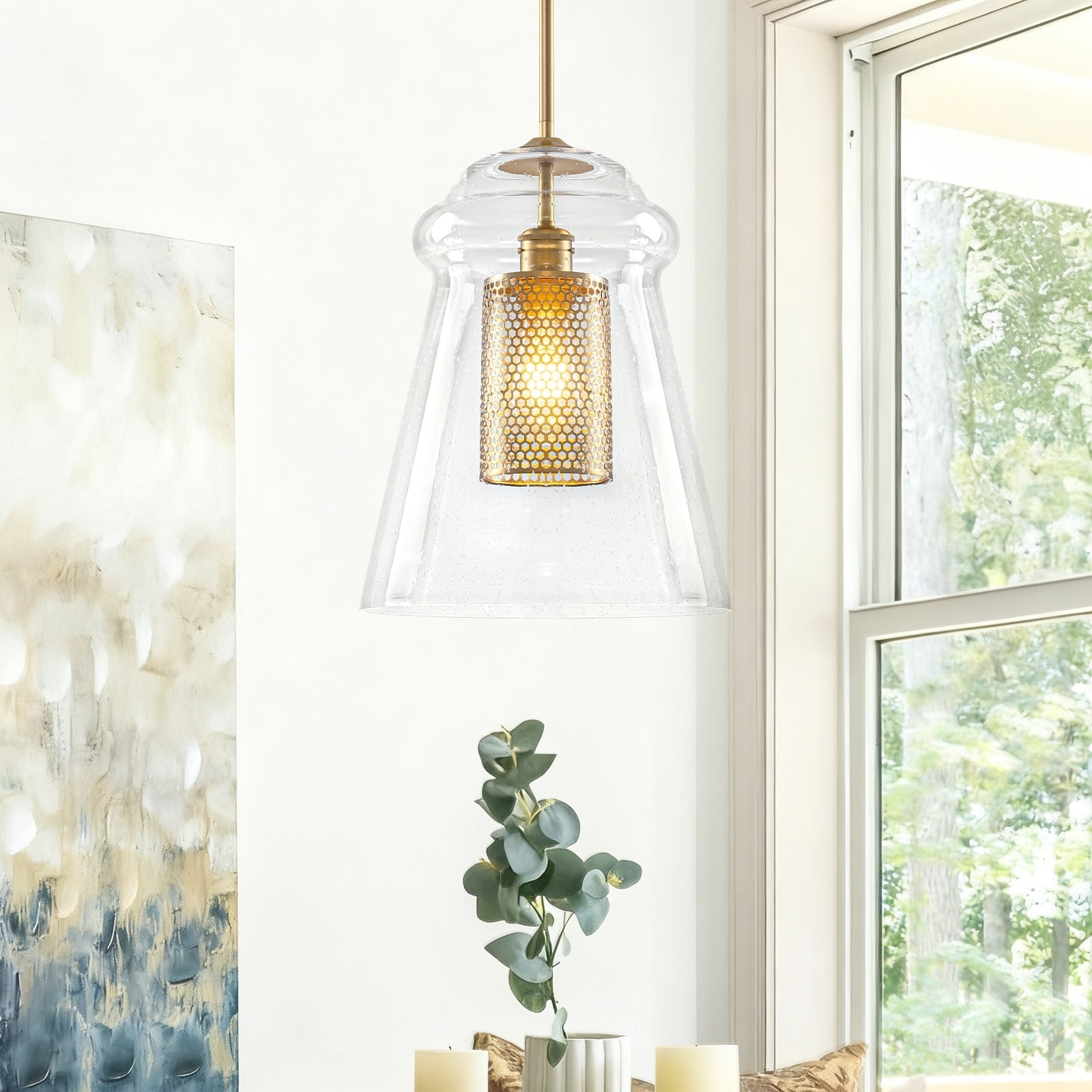 Modern Gold Kitchen Island Pendant Light With Clear Seeded Glass Shade Dia.11.5 In