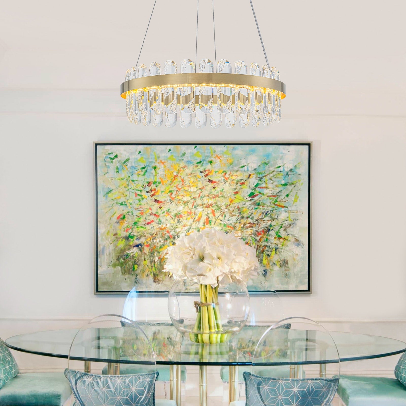 Modern Gold Led Chandelier With Clear Linear Crystals Dimmable Dia.19.57 In