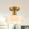 Modern Gold Semi Flush Mount Ceiling Light White Floral Glass Shade Dia.9.84 Inch