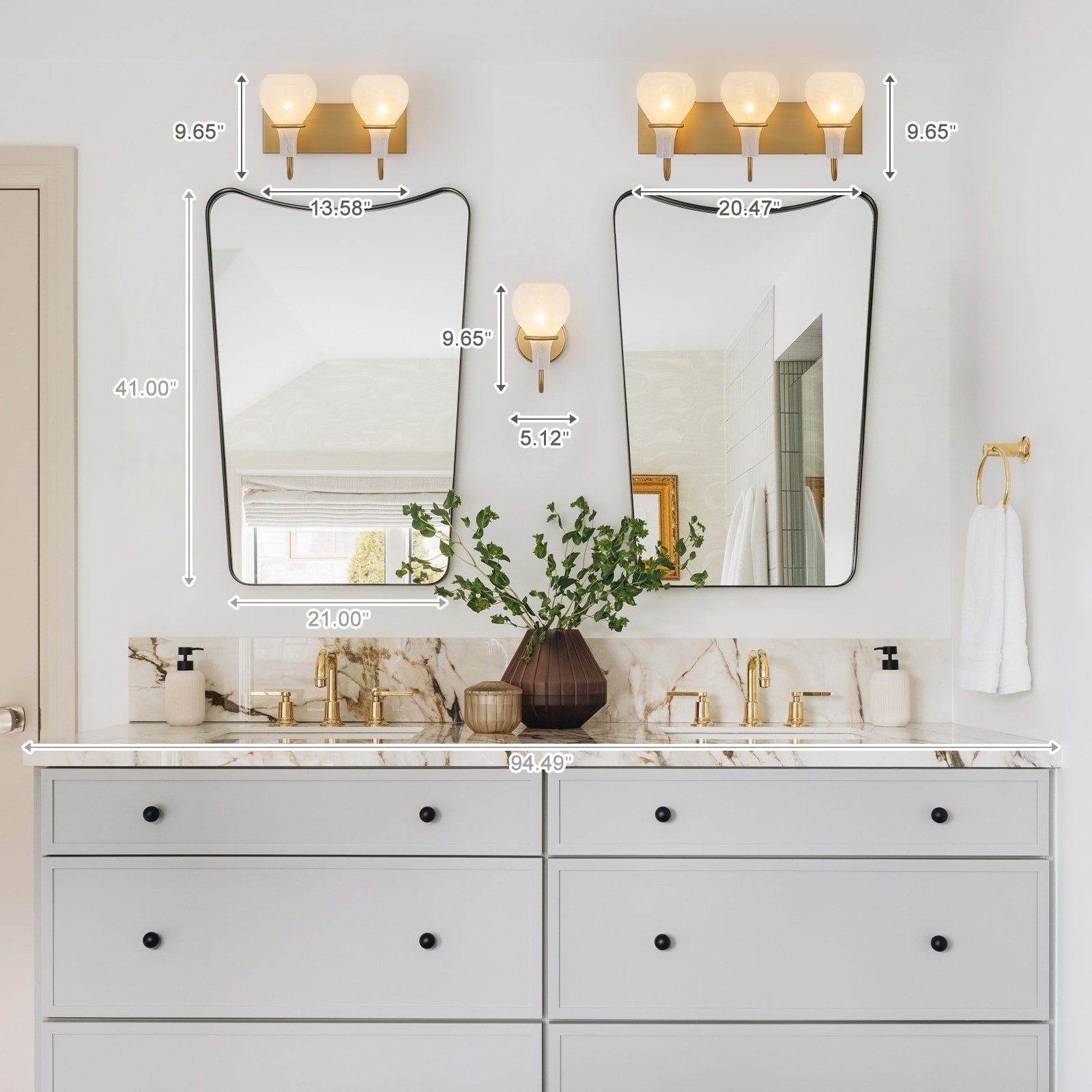 Modern Gold Vanity Light With Clouded Glass Bulb Vase Shades Bathroom