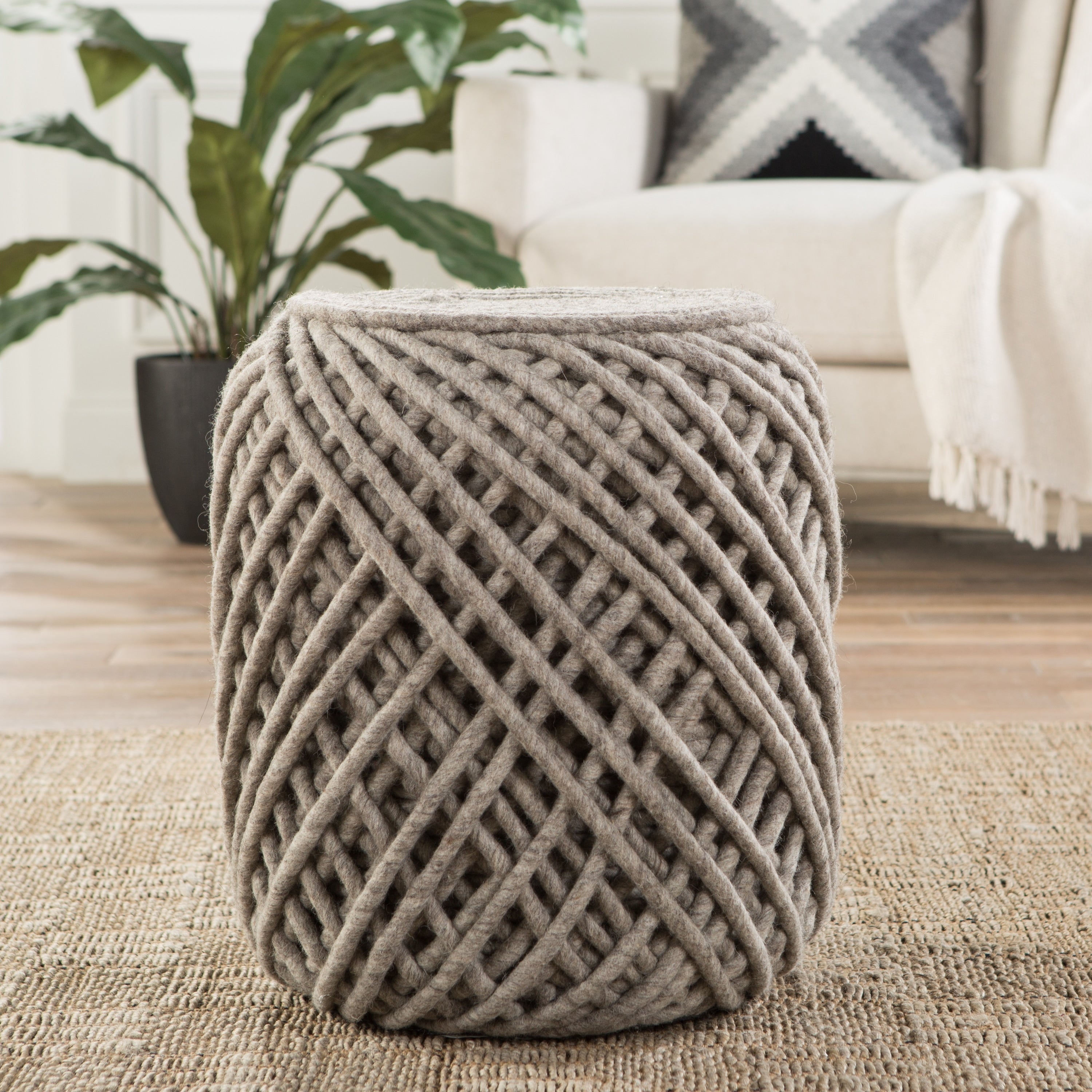 Modern Gray Cylinder Shape Wool Pouf
