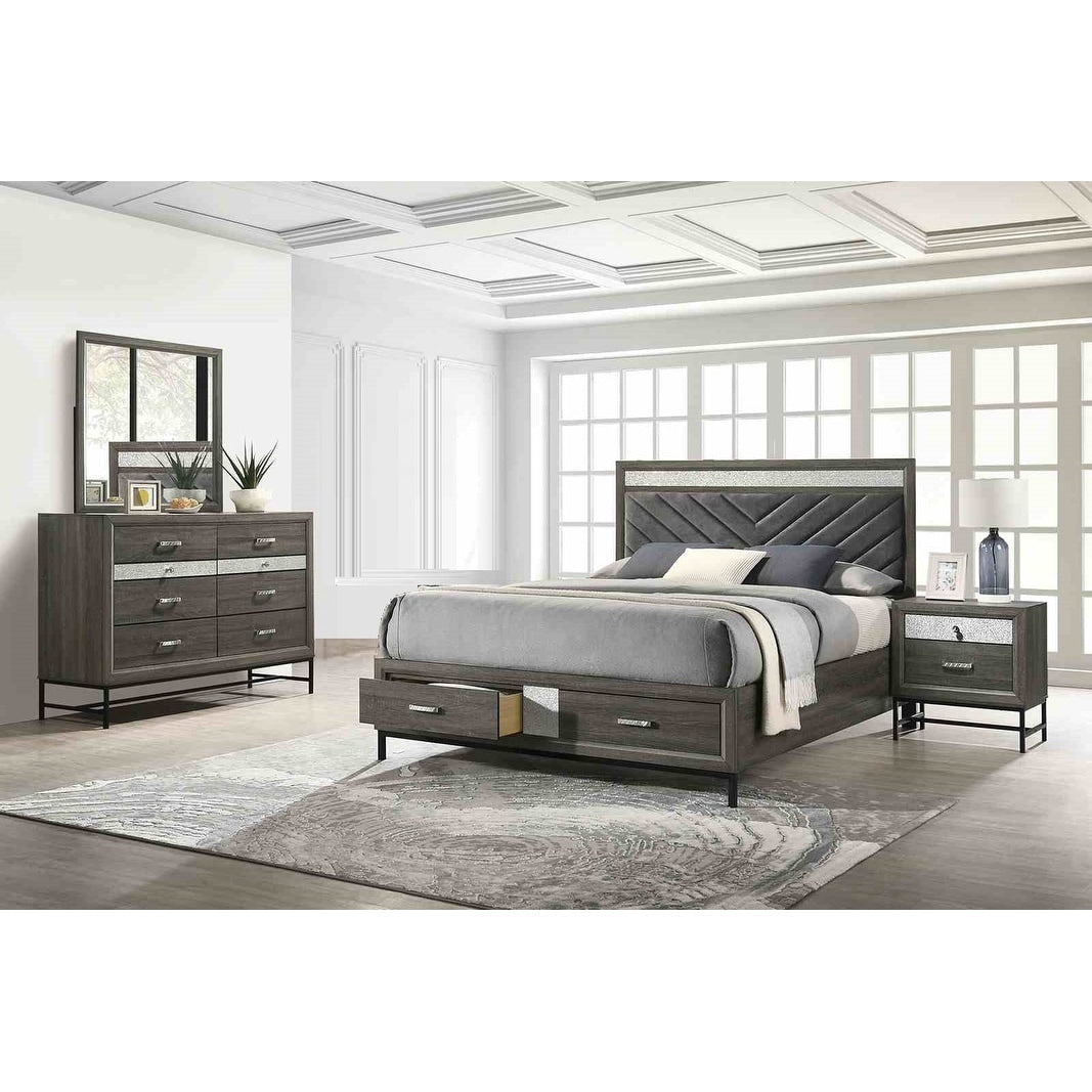 Modern Gray Upholstered 4Pc Bedroom Furniture Set With Storage Metal Leg