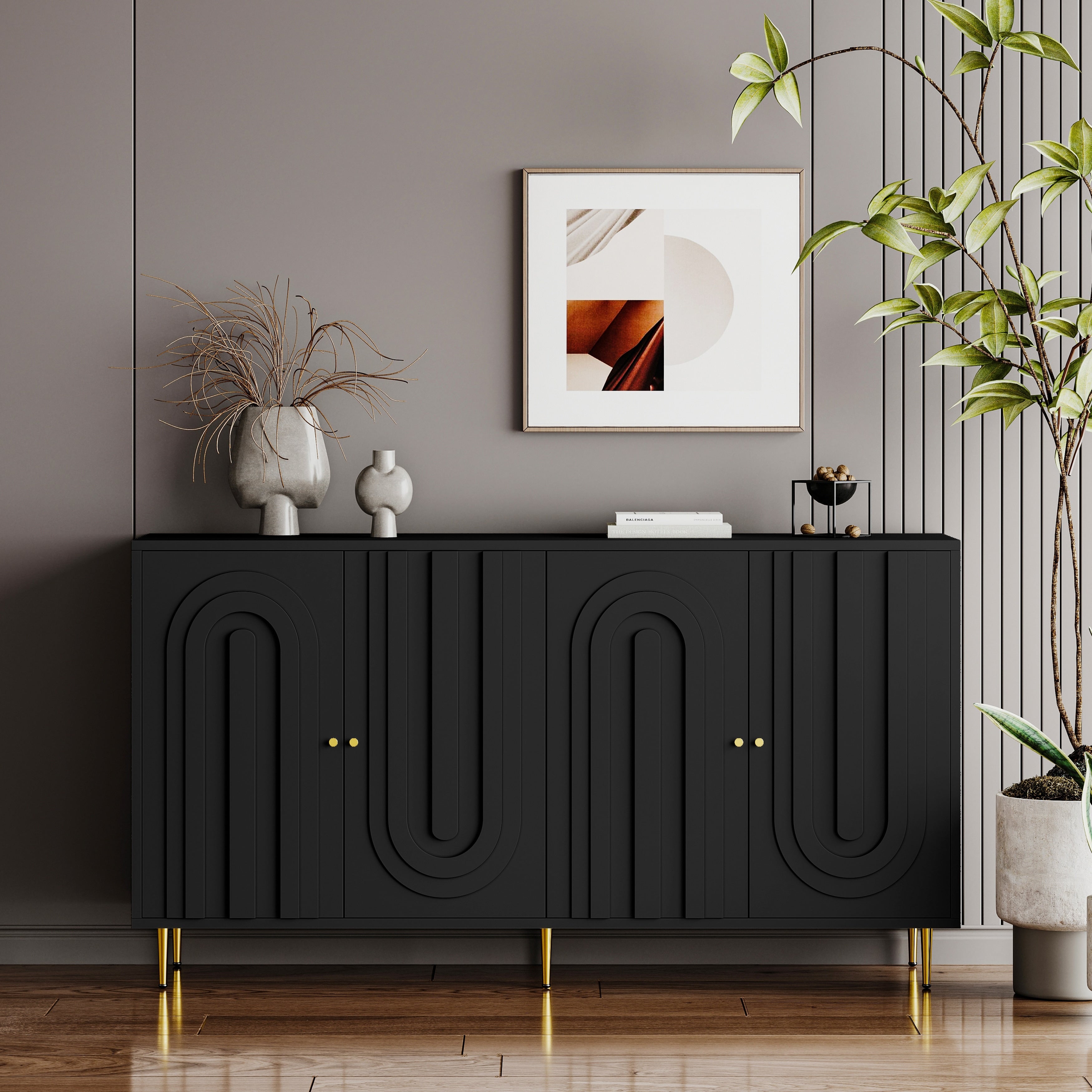Modern Green Lacquered 4 Door Wooden Cabinet Sideboard Buffet Server Cabinet Storage Cabinet For Living Room Entryway Hallway