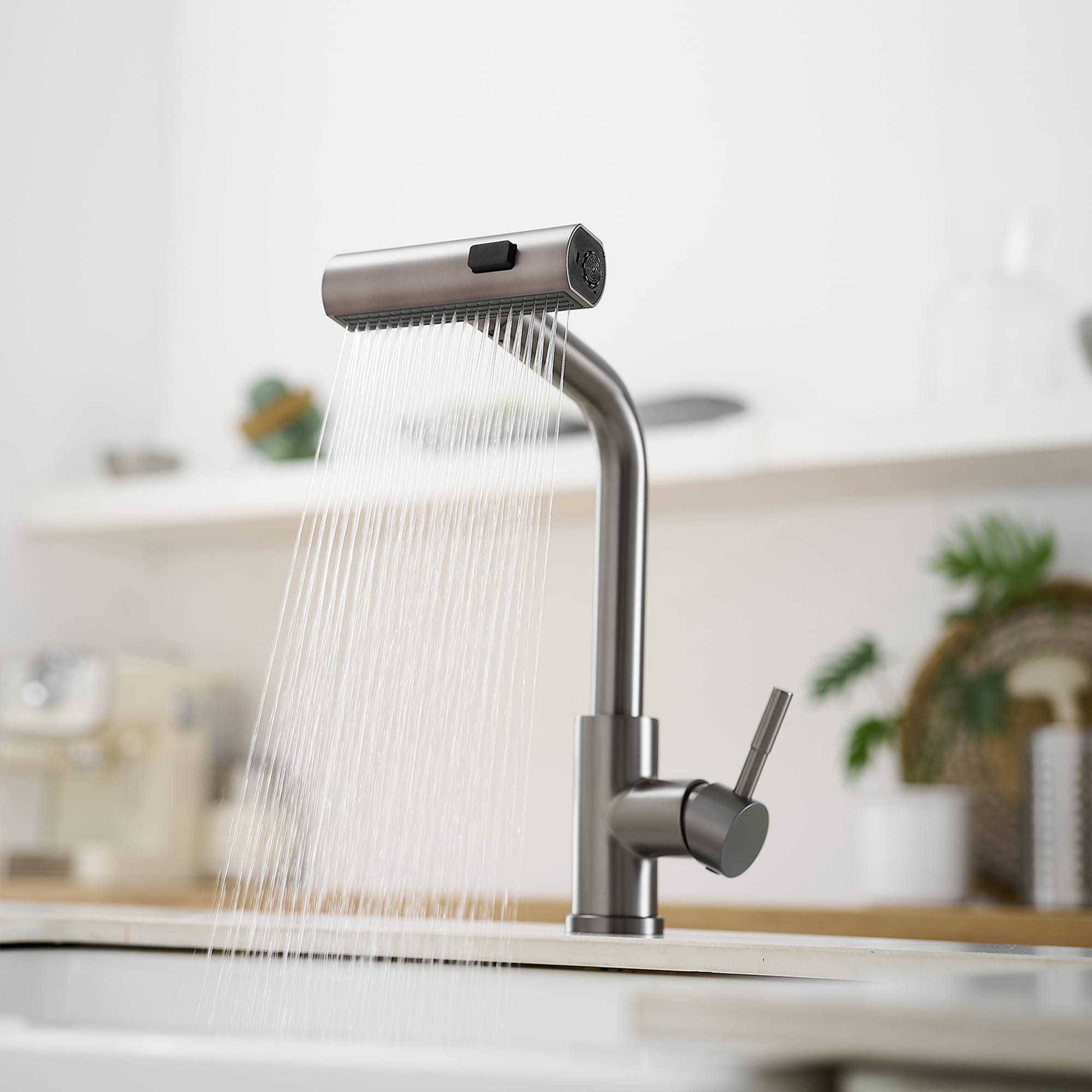 Modern Gunmetal Gray Single Handle Kitchen Faucet With Pull Out Sprayer 3 Function Water Outlet