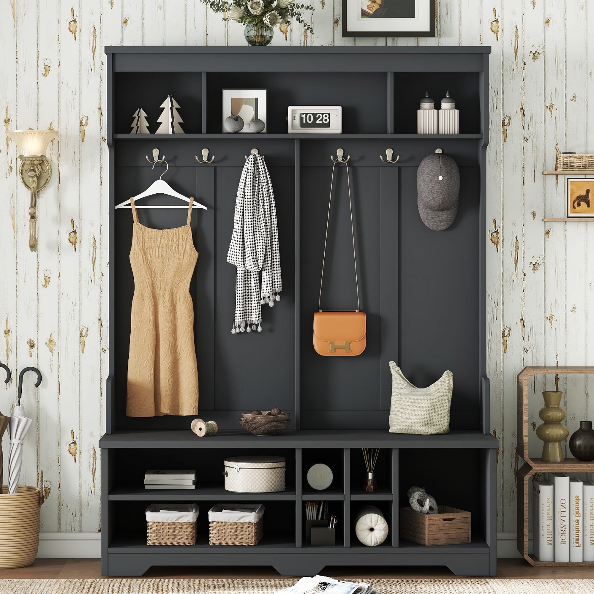 Modern Hall Tree With Metal Hooks And Storage For Entryway Style