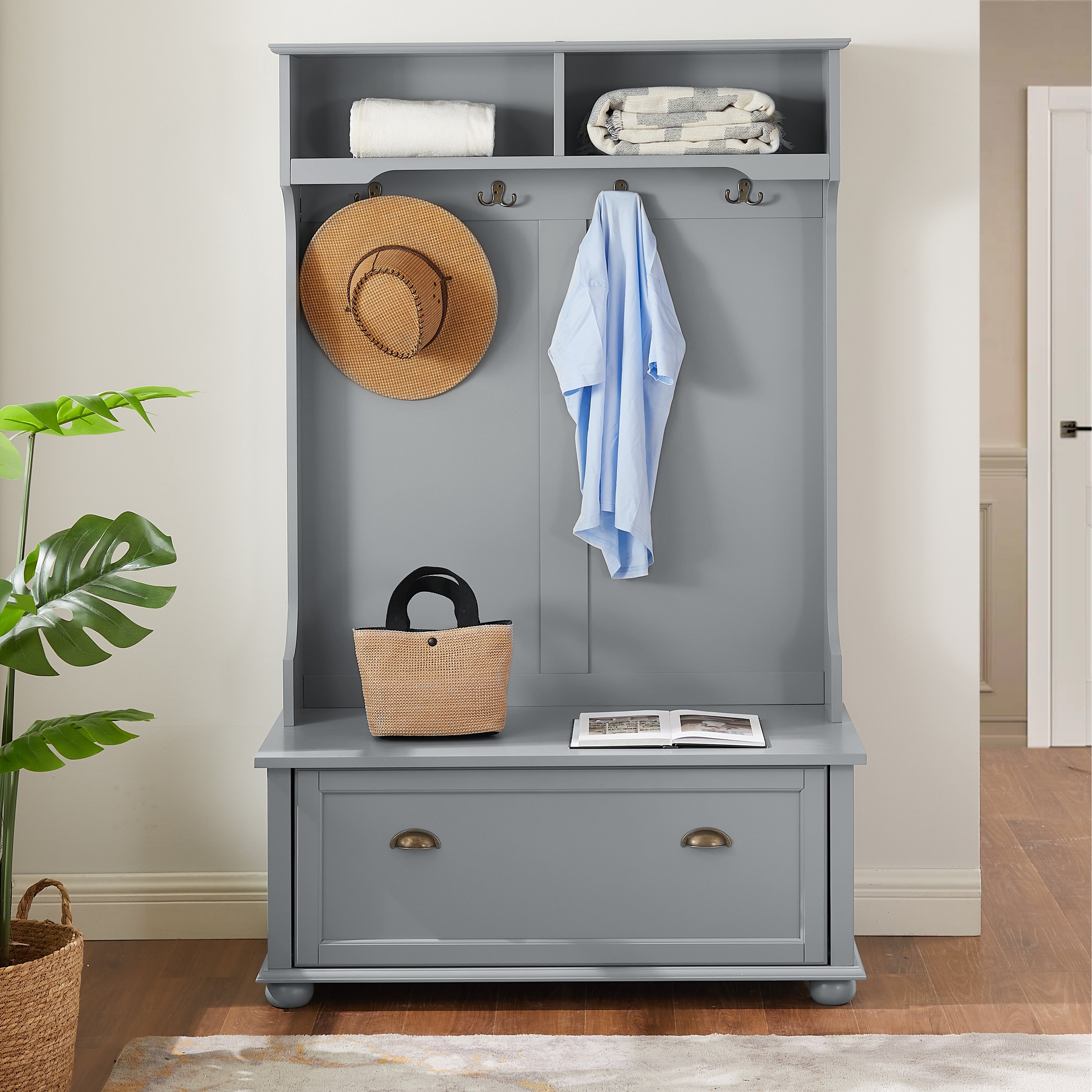 Modern Hall Tree With Shoe Rack And Coat Hooks For Entryway Storage