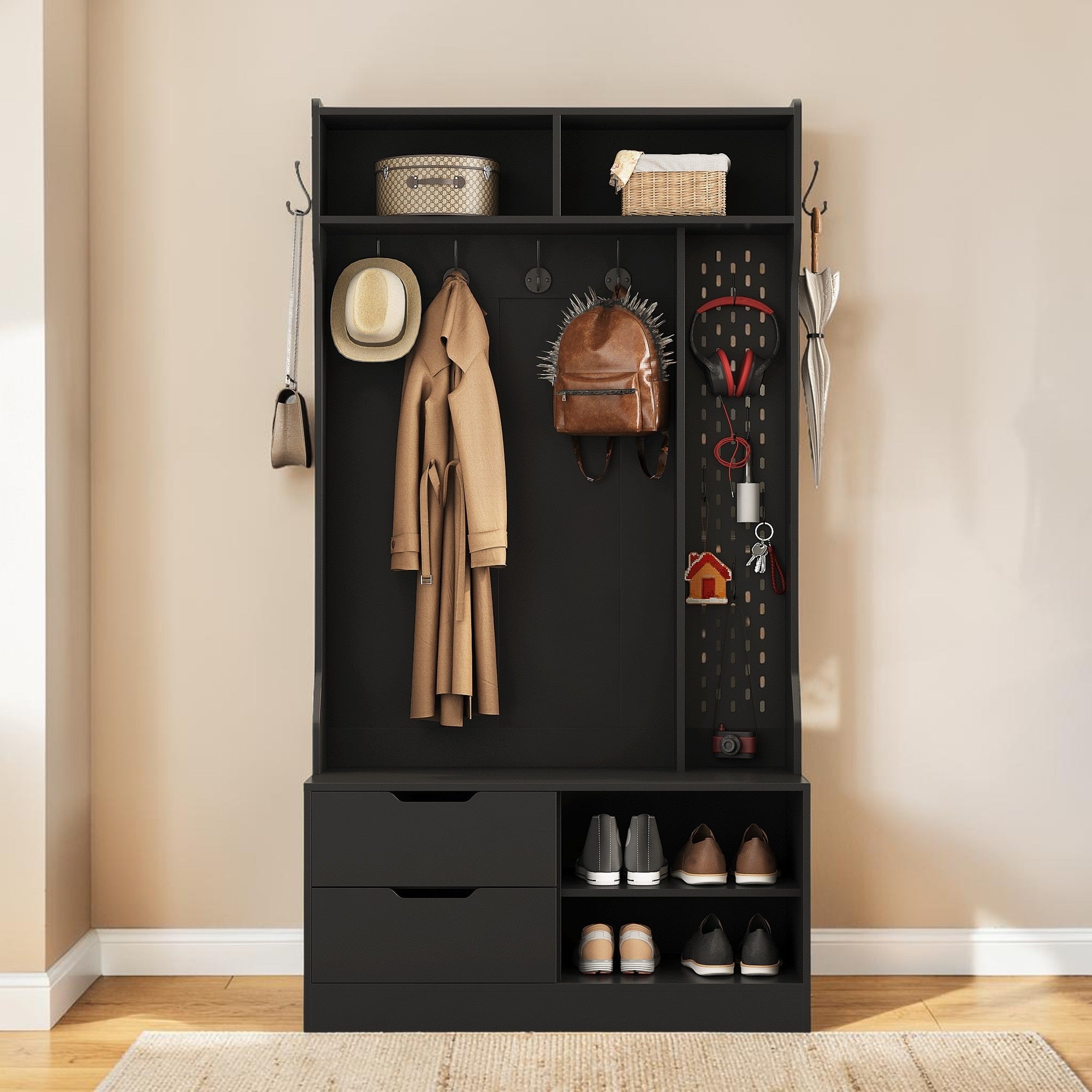 Modern Hall Tree With Storage Bench And 6 Hooks Entryway Coat Rack With Shoe Storage Shelves