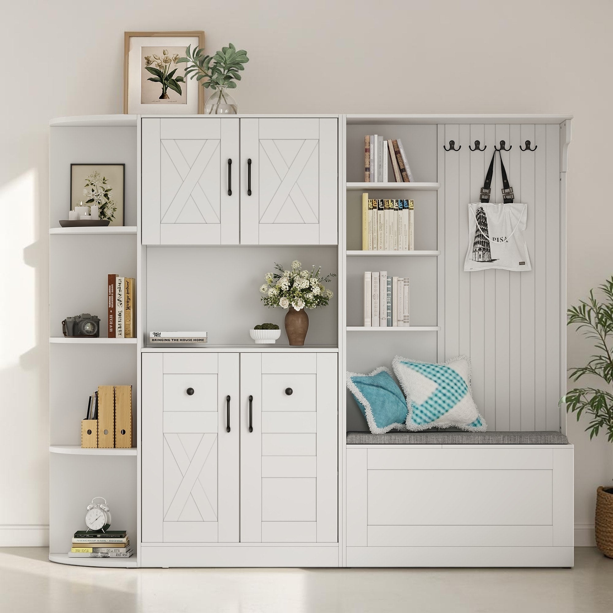 Modern Hall Tree With Storage Cabinets And Shelves Entryway Organizer With Hooks And Shoe Storage