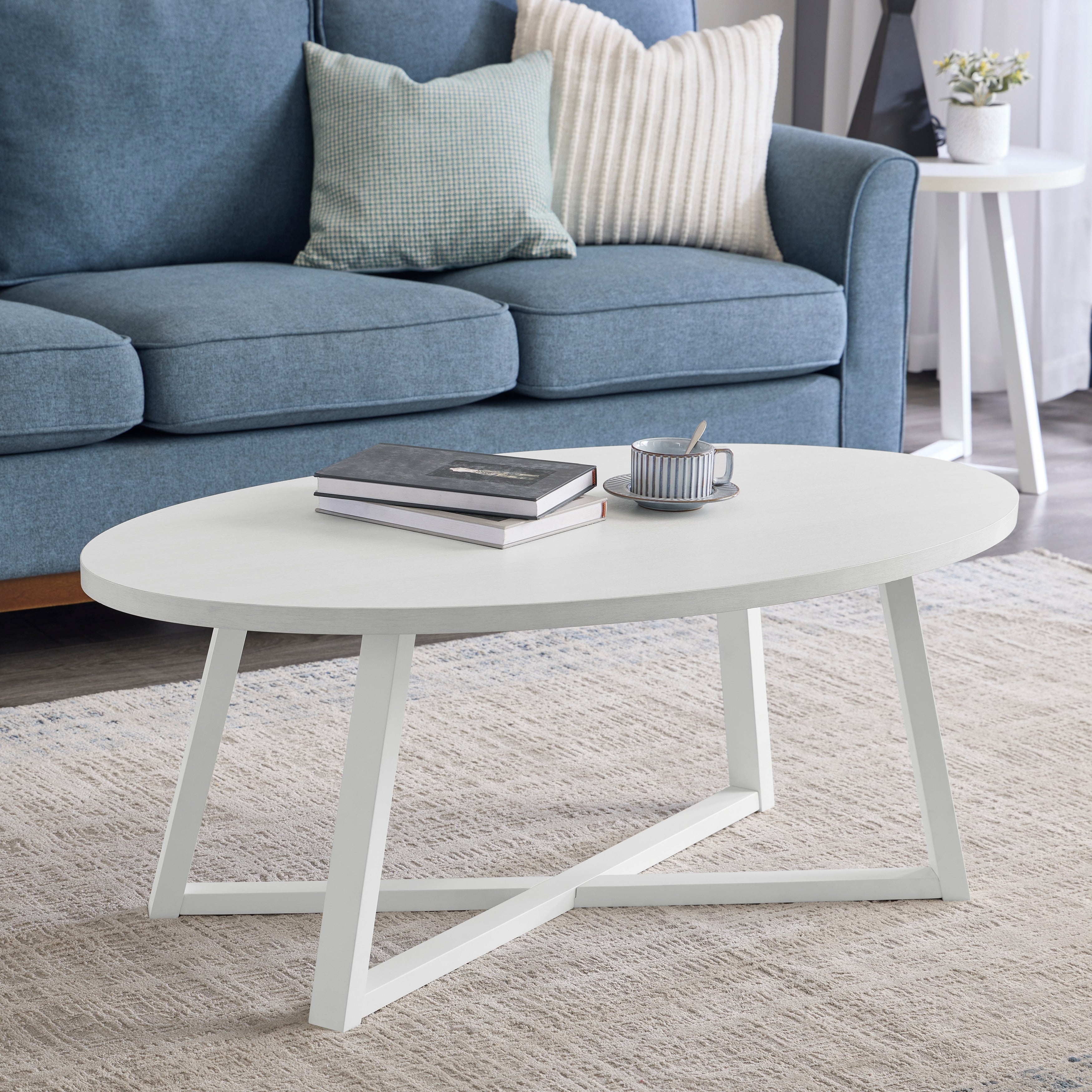 Modern Harmony Wood Oval Coffee Table White 46 W X 26 D X 18 H