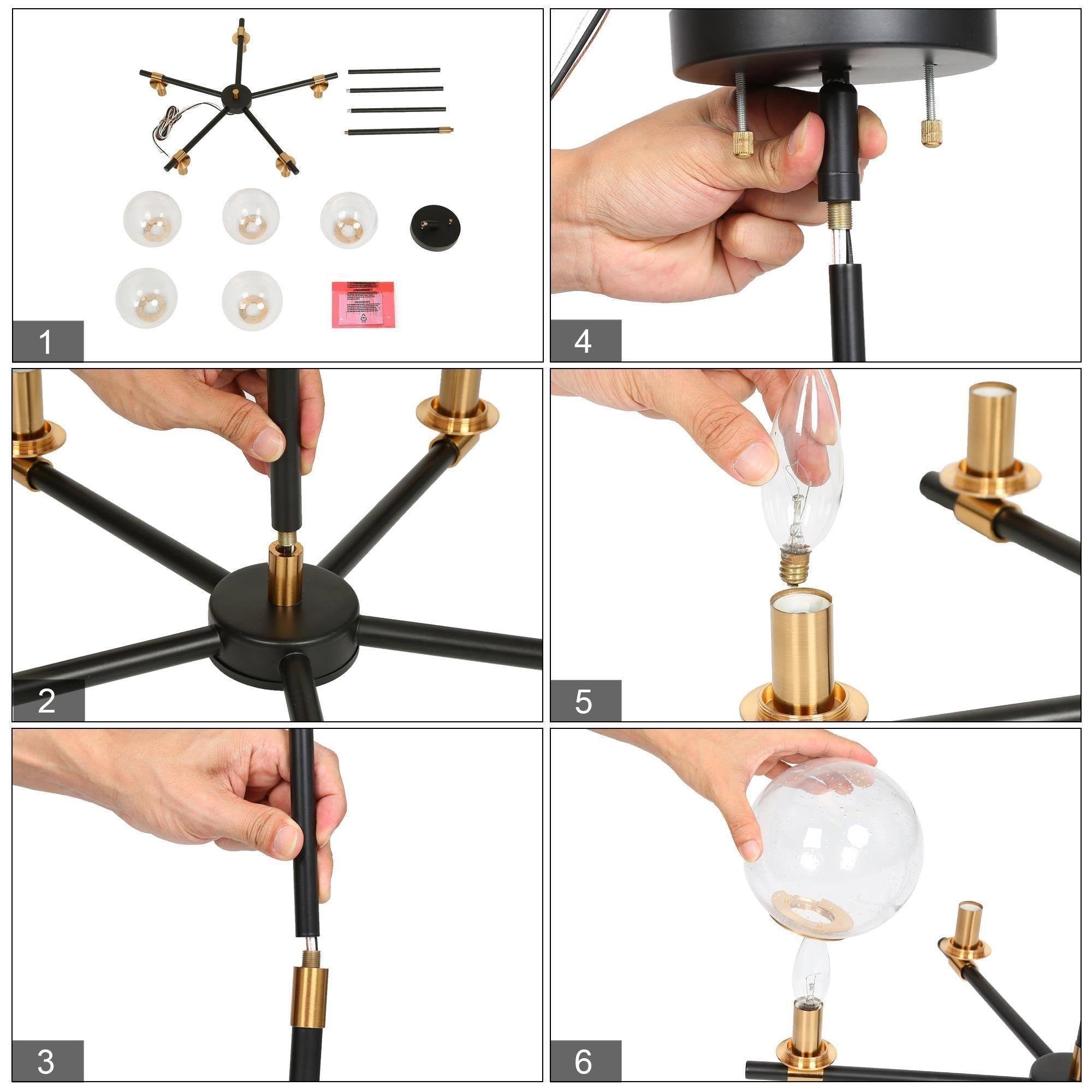 Modern Industrial 5 Light Matte Black Gold Chandelier Globe Glass Shades Pendant Light Fixture For Dining Room