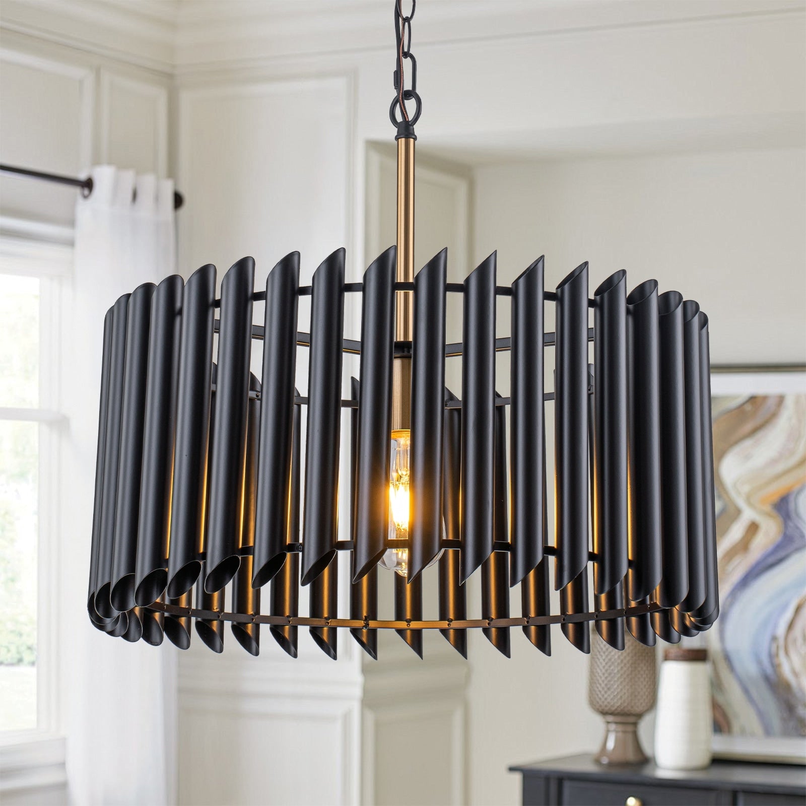Modern Industrial Black Slatted Drum Pendant Light Fixture Dia.19.69 In