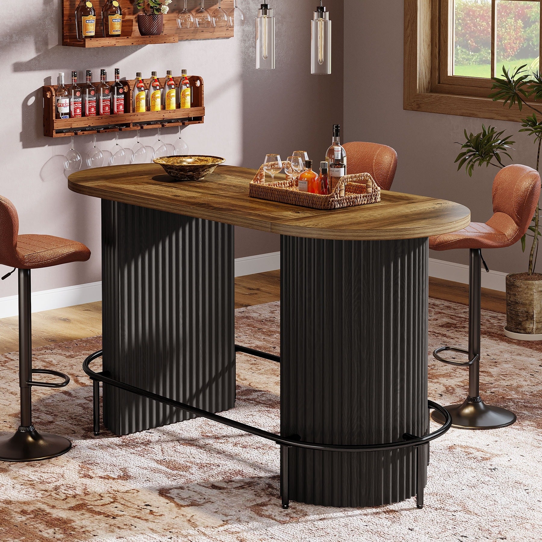Modern Industrial Oval Bar Table Counter Height Pub Dining Table With Footrest