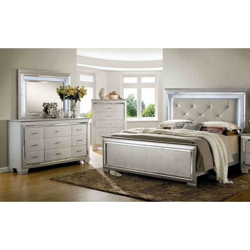 Modern Led Silver Finish Button Tufted Bed Chest Dresser Mirror 4Pc Solid Wood Bedroom Set