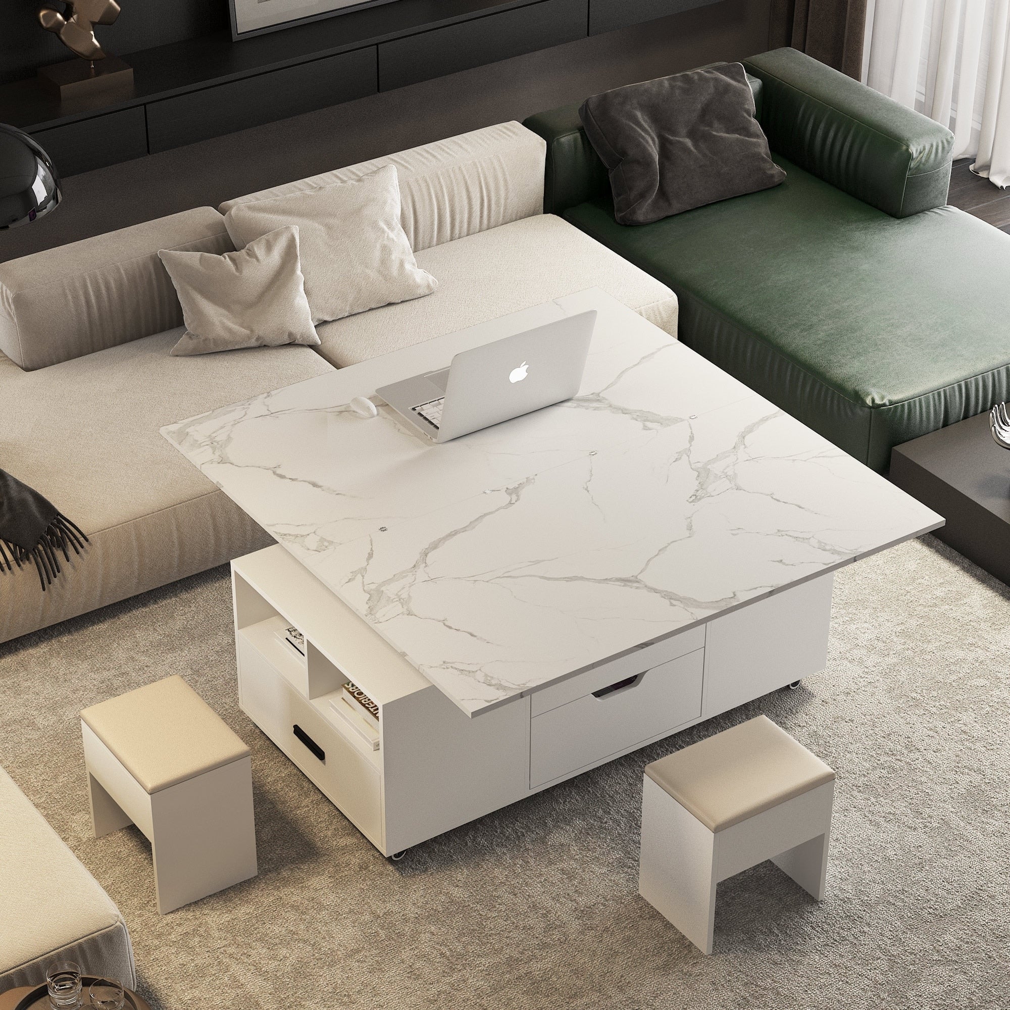Modern Lift Up Coffee Table With 2 Stools Set For Living Room Expandable Hidden Storage Drawers Space Saving Folding Table