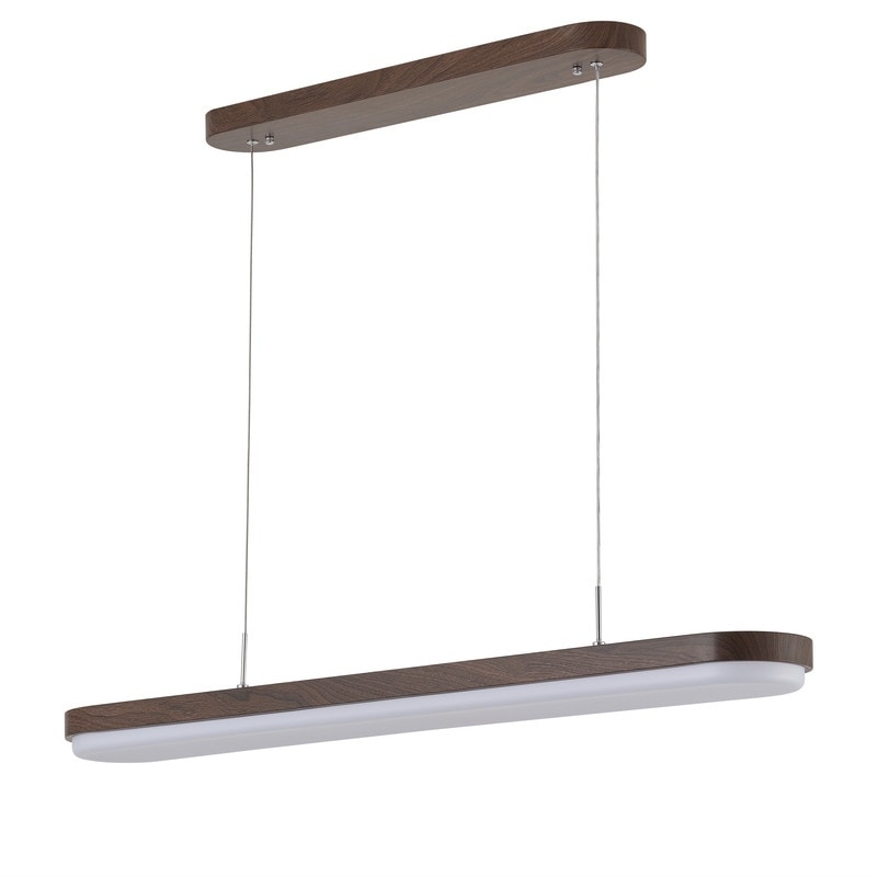Modern Linear Pendant Light 38.5 Inch Walnut Wood Grain Iron Fixture With Milky White Pvc Shade