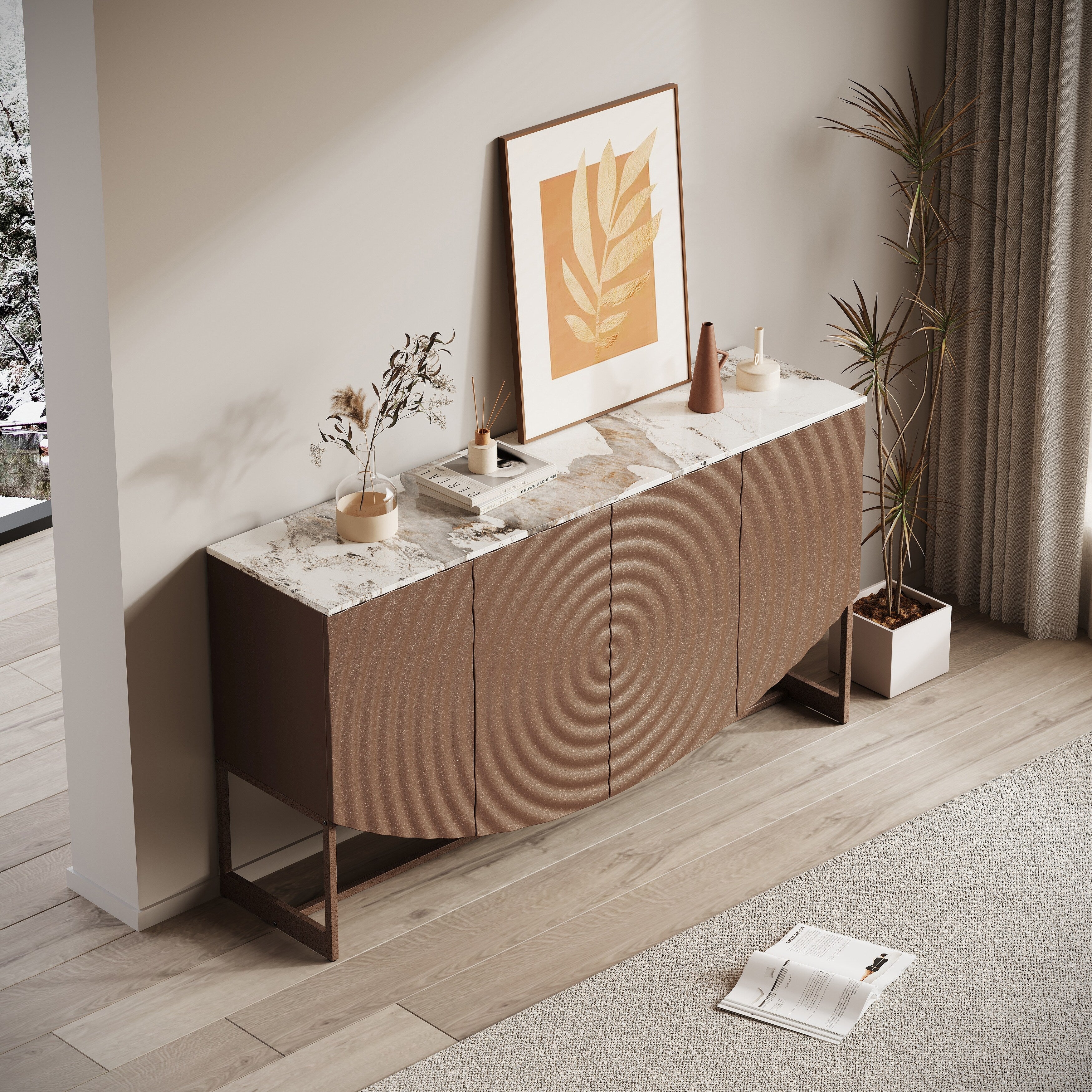 Modern Luxury 3 D Wave Buffet Cabinet With Marble Like Sticker Counter Top For Living Room And Dining Room