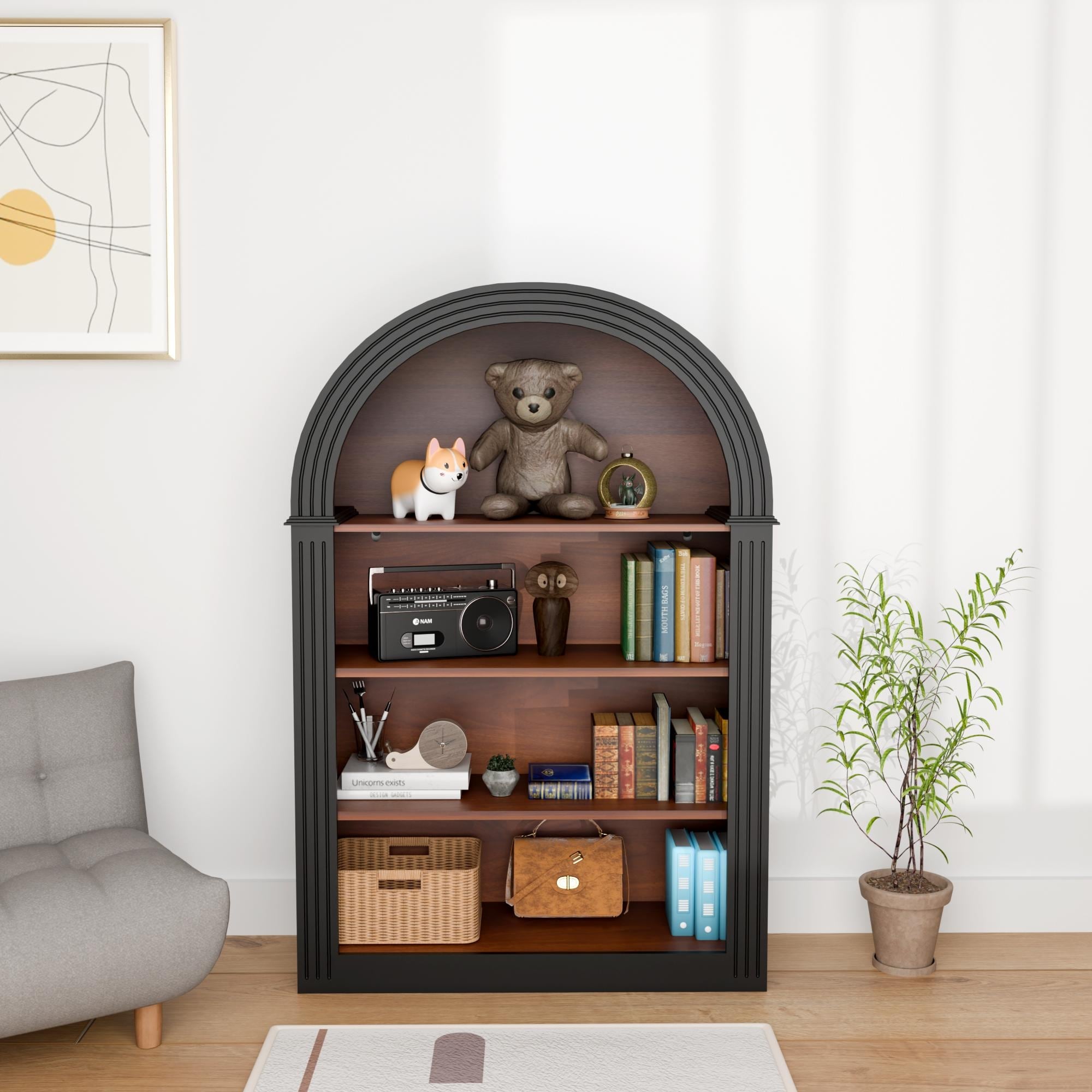 Modern Mdf 4 Shelf Arched Bookcase With Open Display Storage And Anti Tip Kit Black By Gdfstudio