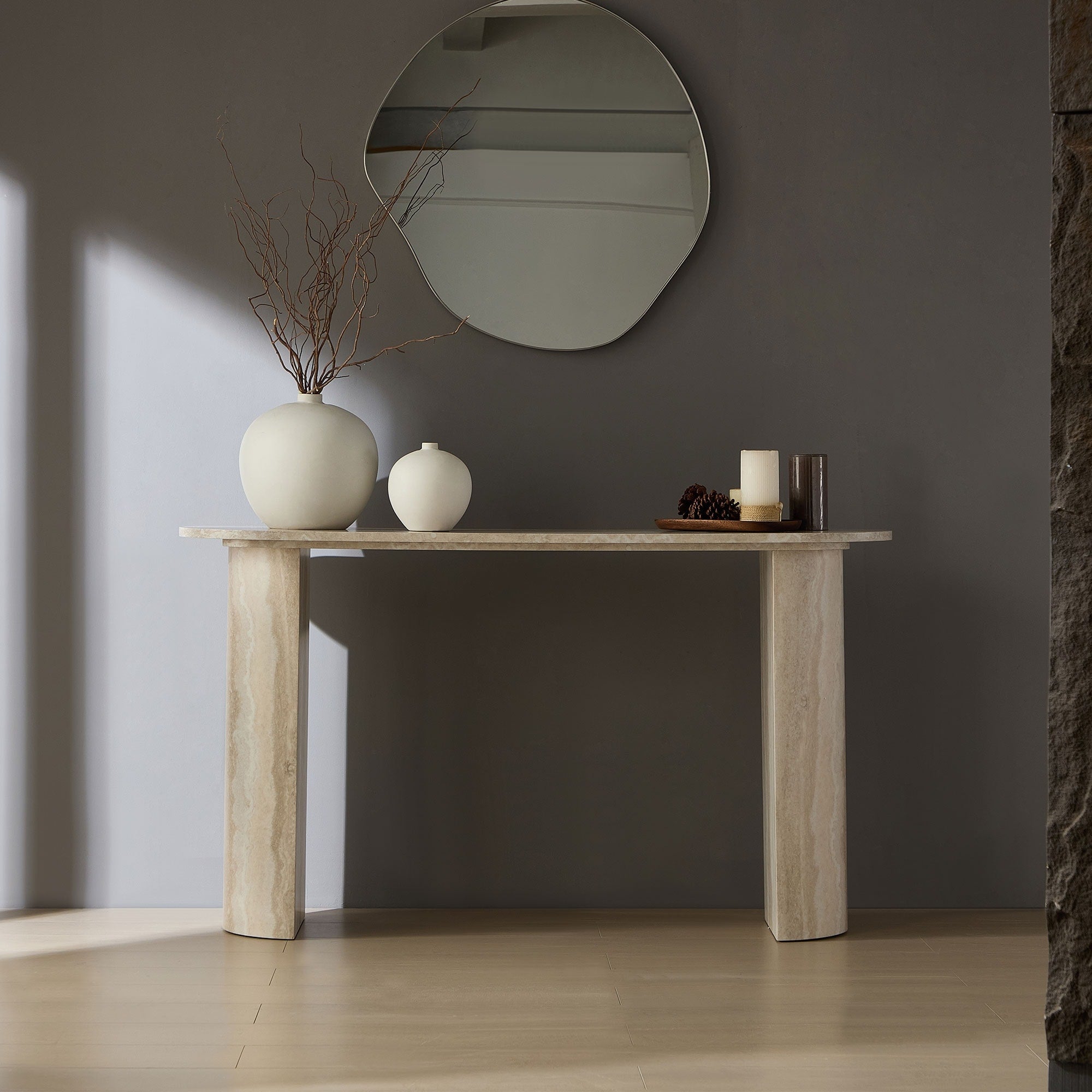 Modern Mdf Console Table With Faux Mars Marble Pattern Narrow Skinny Sofa Table With Pedestal Base Marble By Gdfstudio