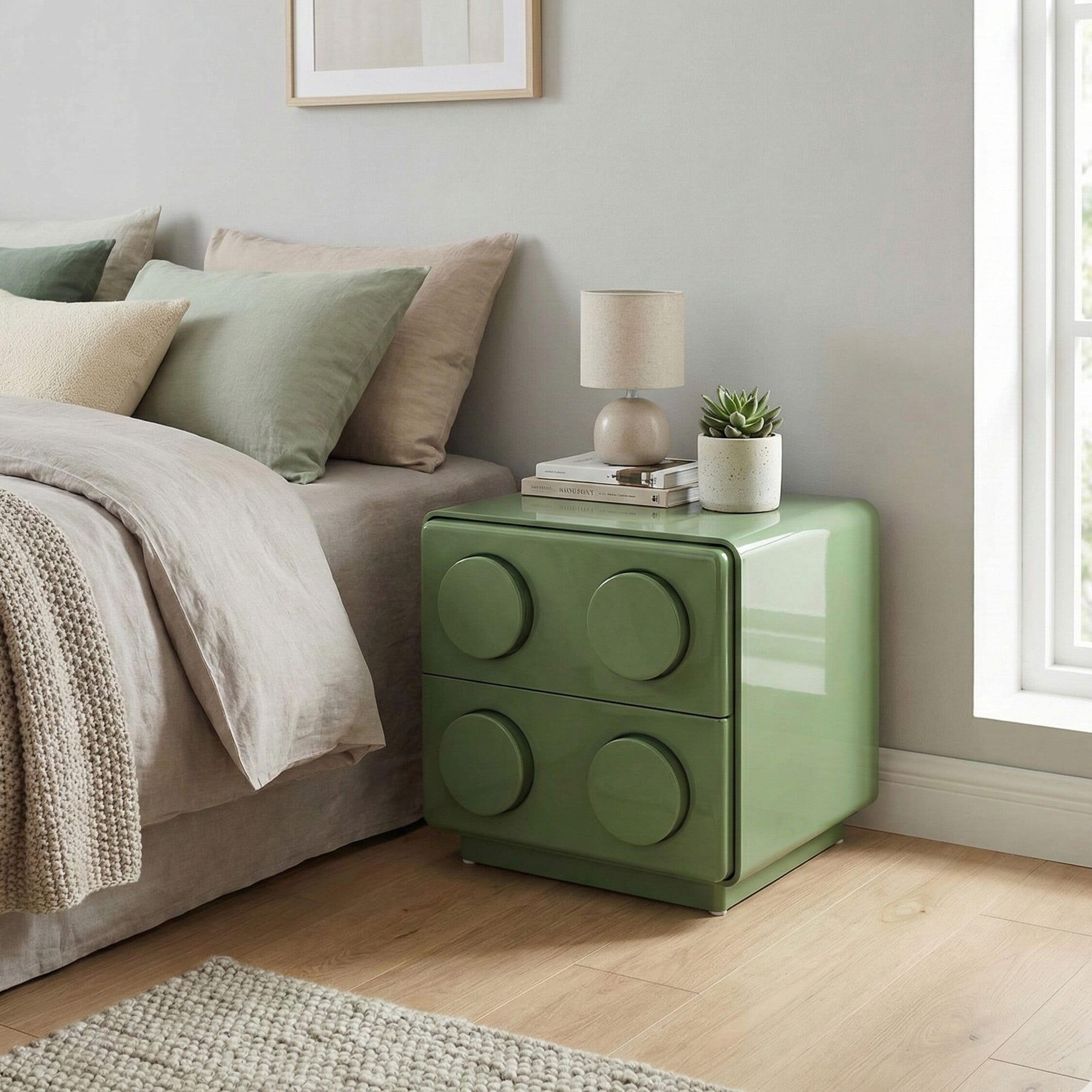 Modern Mdf Nightstand With Fixed Round Handles And Two Drawers Green Finish