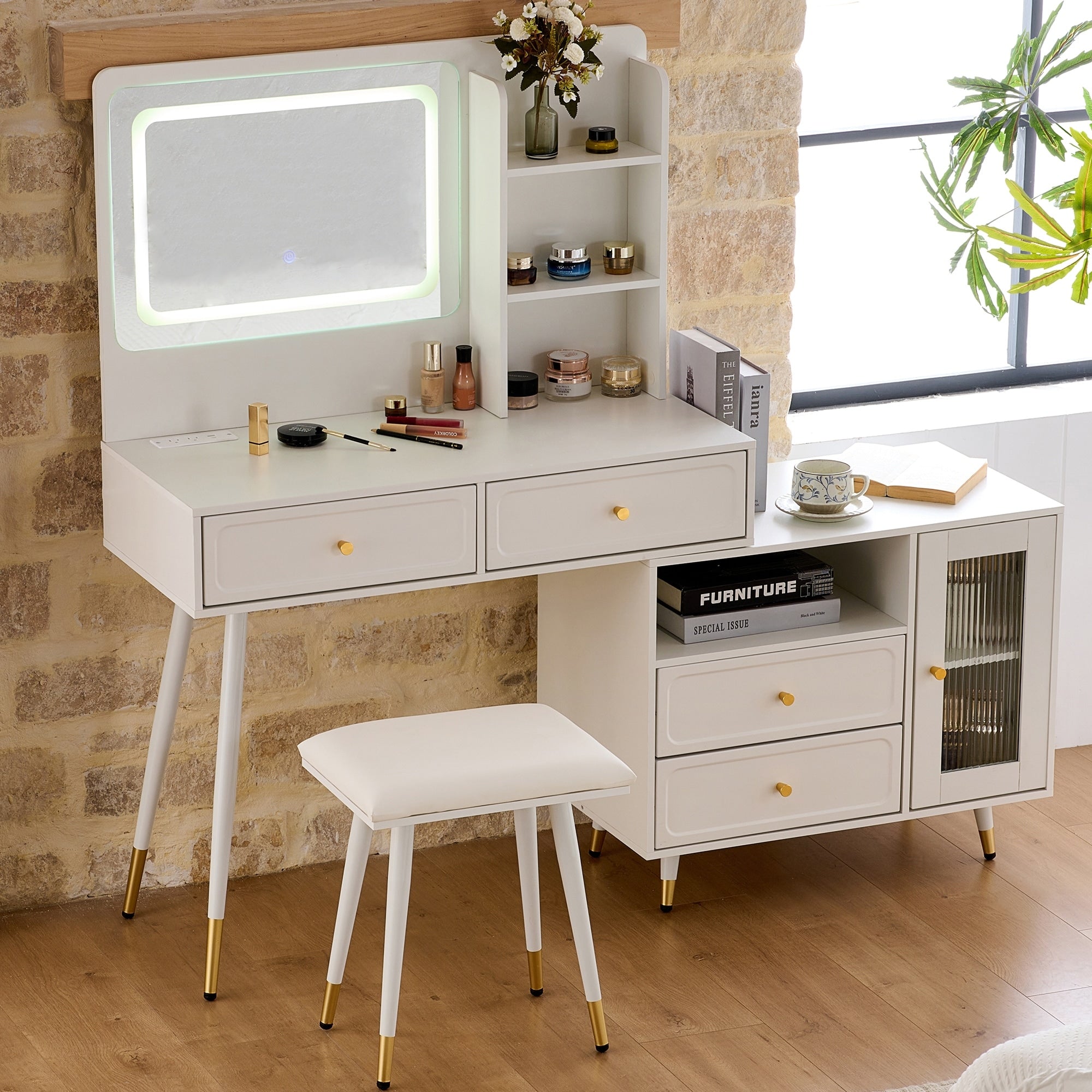 Modern Makeup Vanity Desk With Led Mirror Dressing Table With Drawers And Cabinet Compact Makeup Table Set With Power Outlet