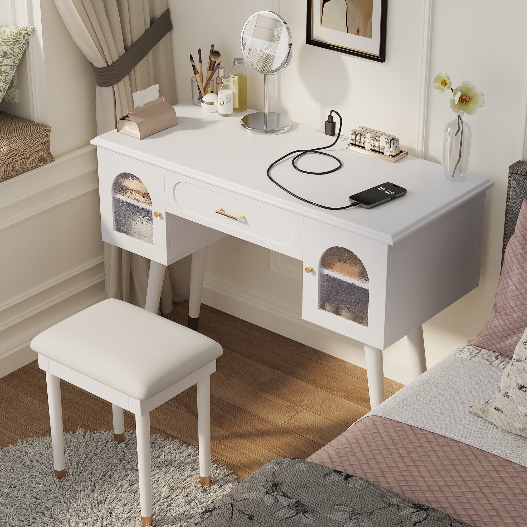 Modern Makeup Vanity Chair Set Dressing Table Writing Desk With Charging Port