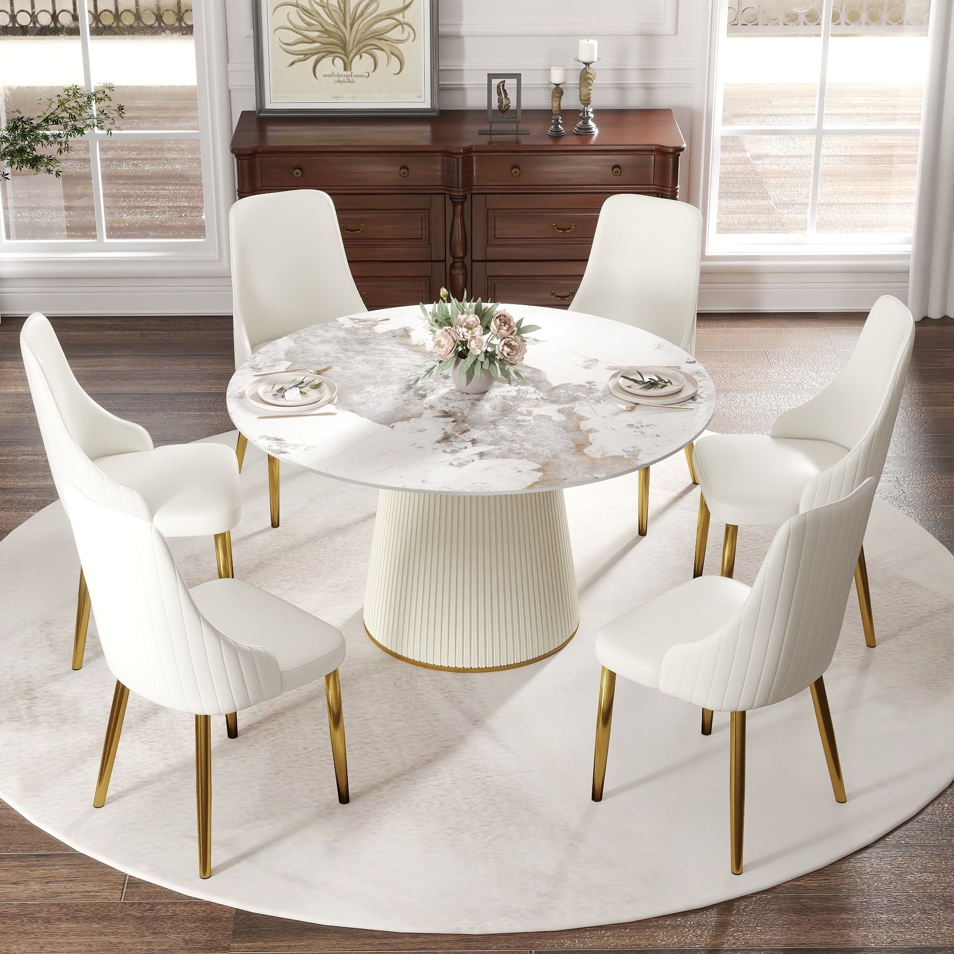 Modern Marble Dining Table Contemporary Round Table Round White Wood Base With Pu Leather Finish