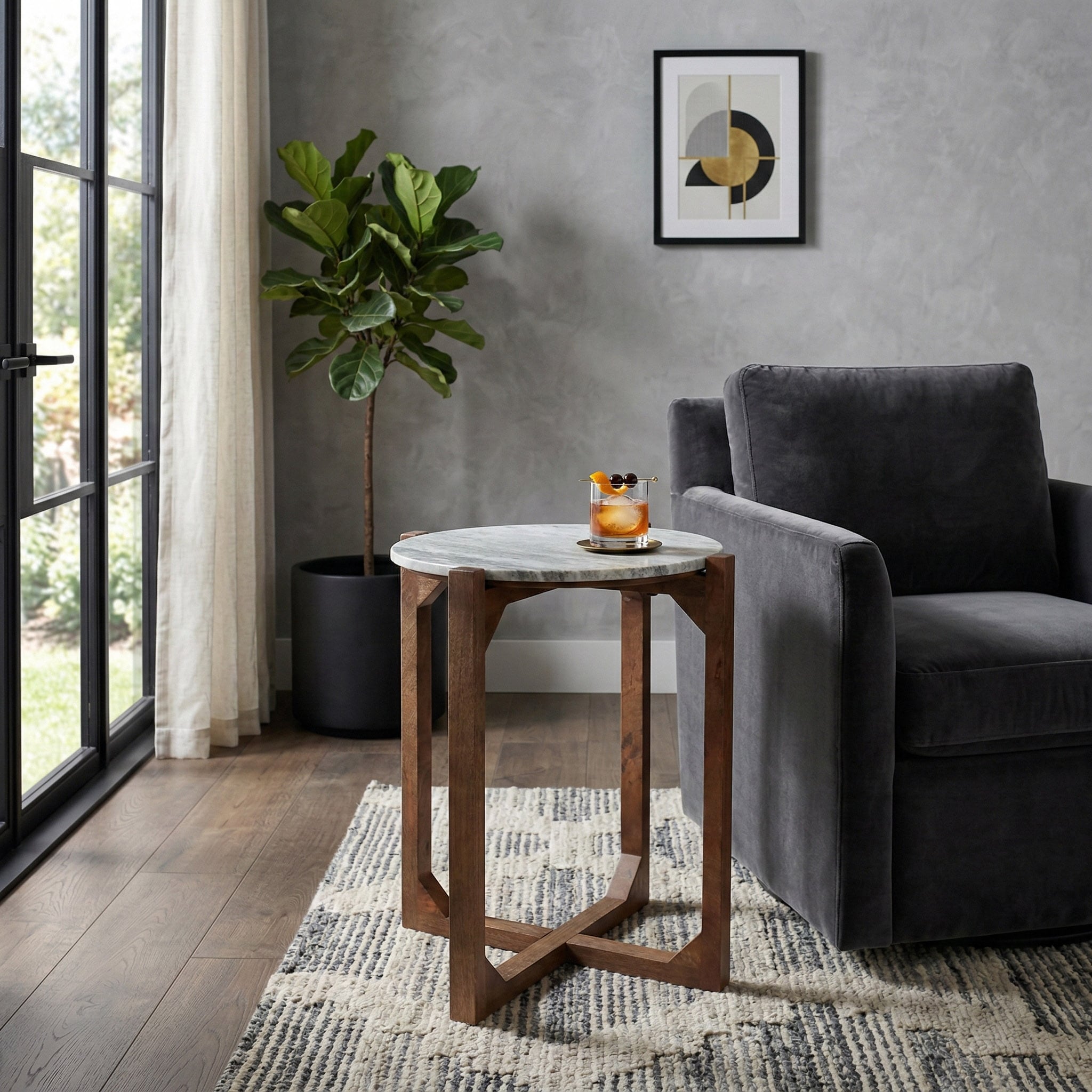 Modern Marble Top Accent End Table With Wood Base 22.0