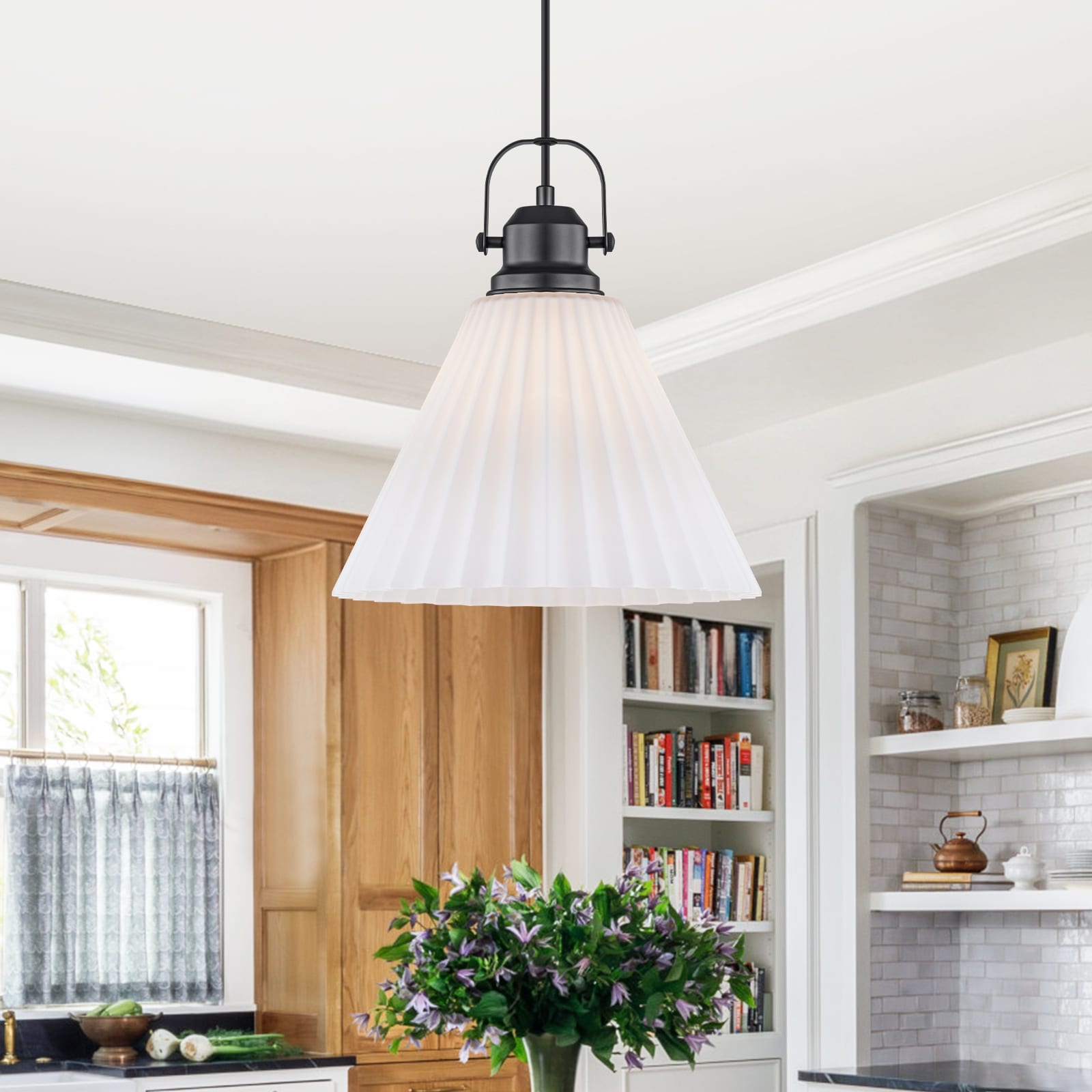 Modern Matte Black Pendant Light White Pleated Glass Shade Kitchen Dia.11.61 In