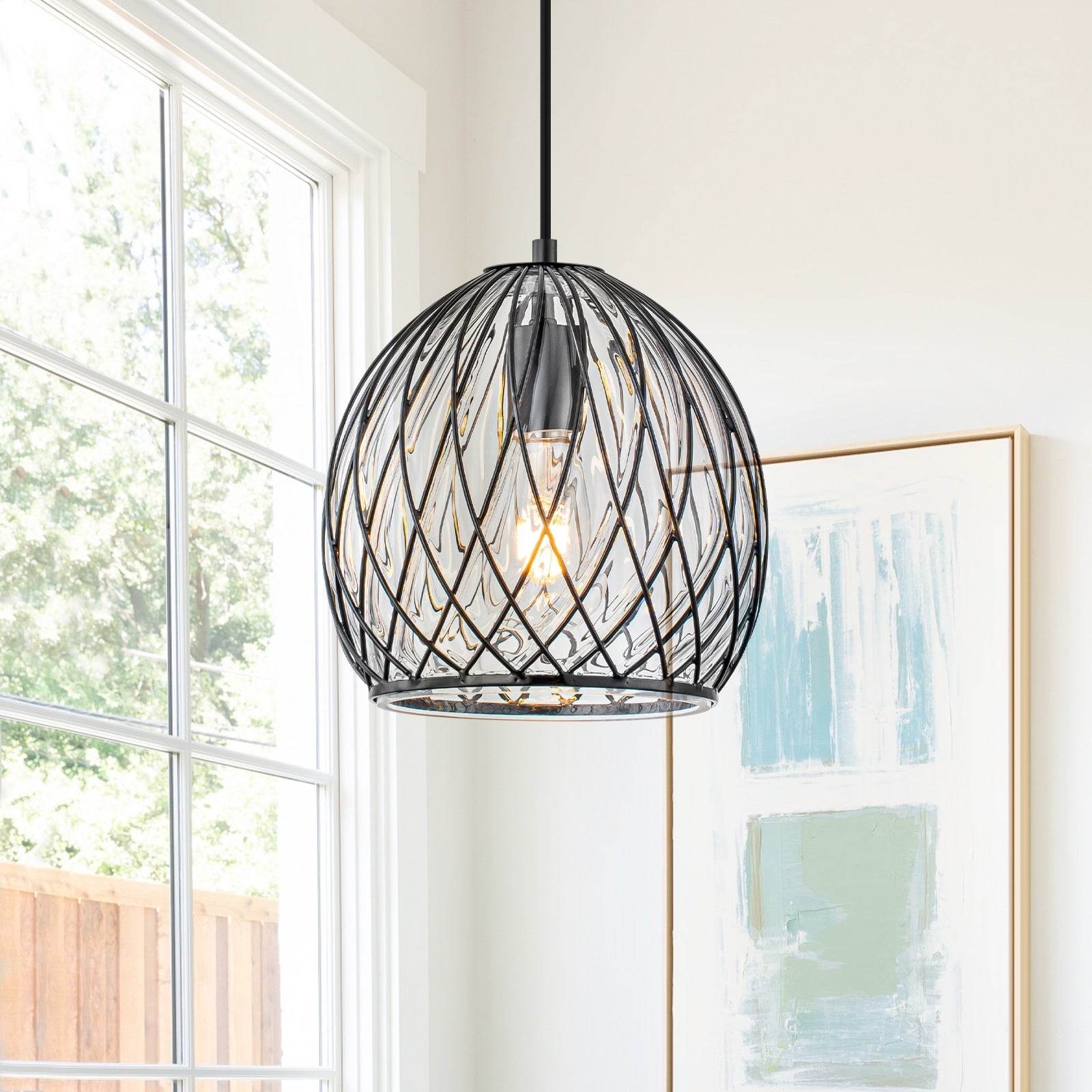 Modern Matte Black Pendant Light With Globe Glass Wire Cage Kitchen Dia.8.66 In