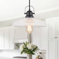 Modern Matte Black Pendant Light With Grid Glass Dome Shade Kitchen Dia.11.81 In