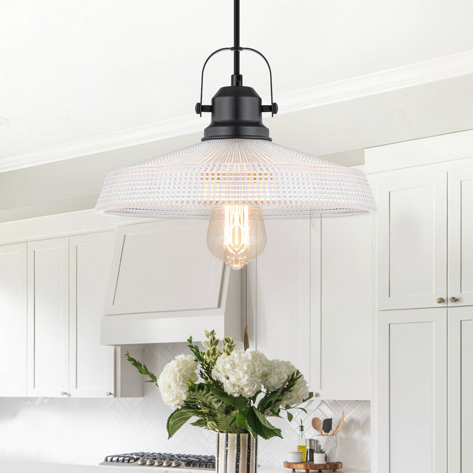 Modern Matte Black Pendant Light With Grid Glass Dome Shade Kitchen Dia.11.81 In