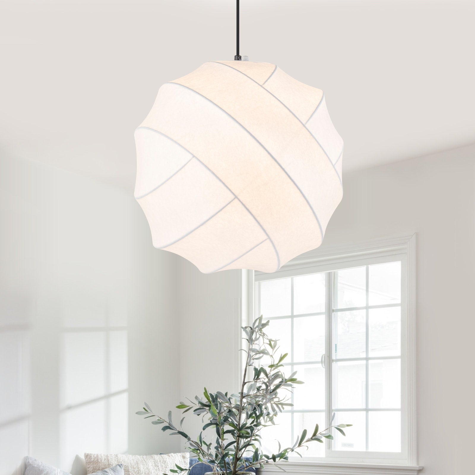 Modern Matte Black Pendant Light With Soccer Ball Silk Shade Dia.15.75 In
