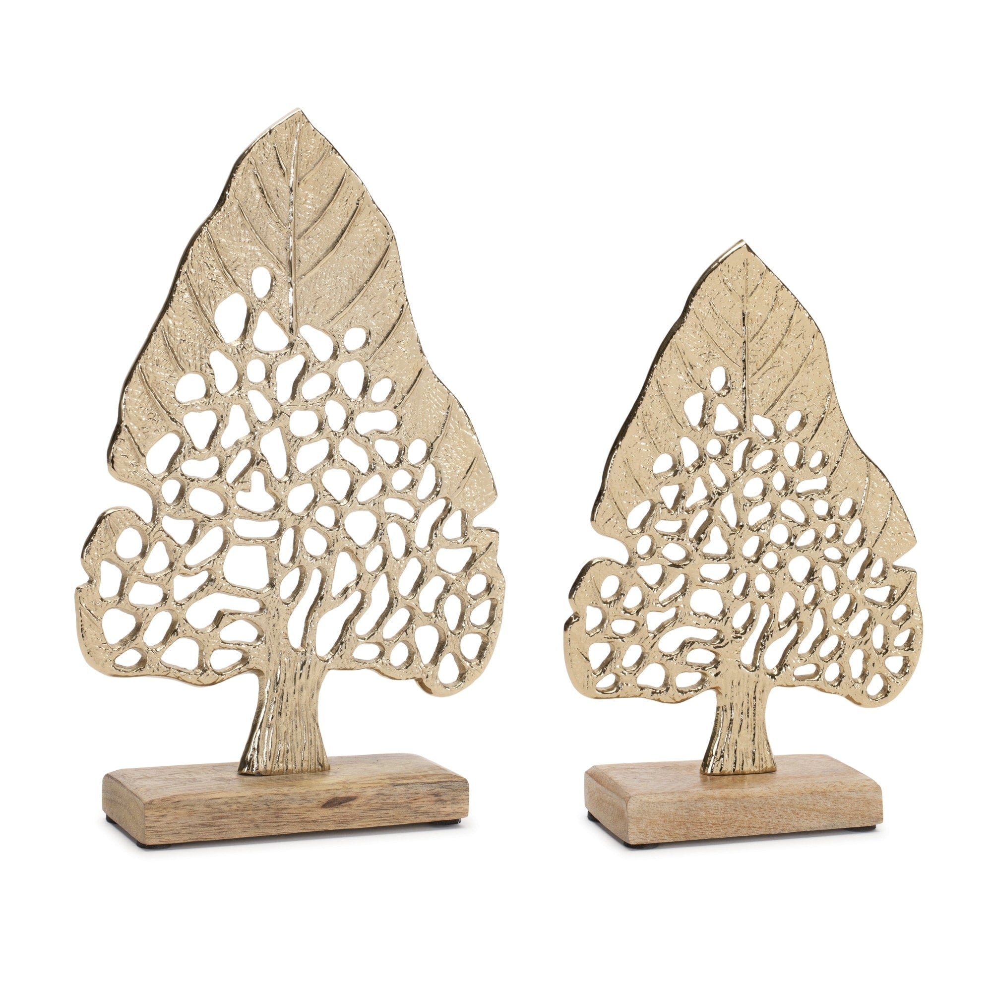 Modern Metal Leaf Tree On Wood Base Set Of 2