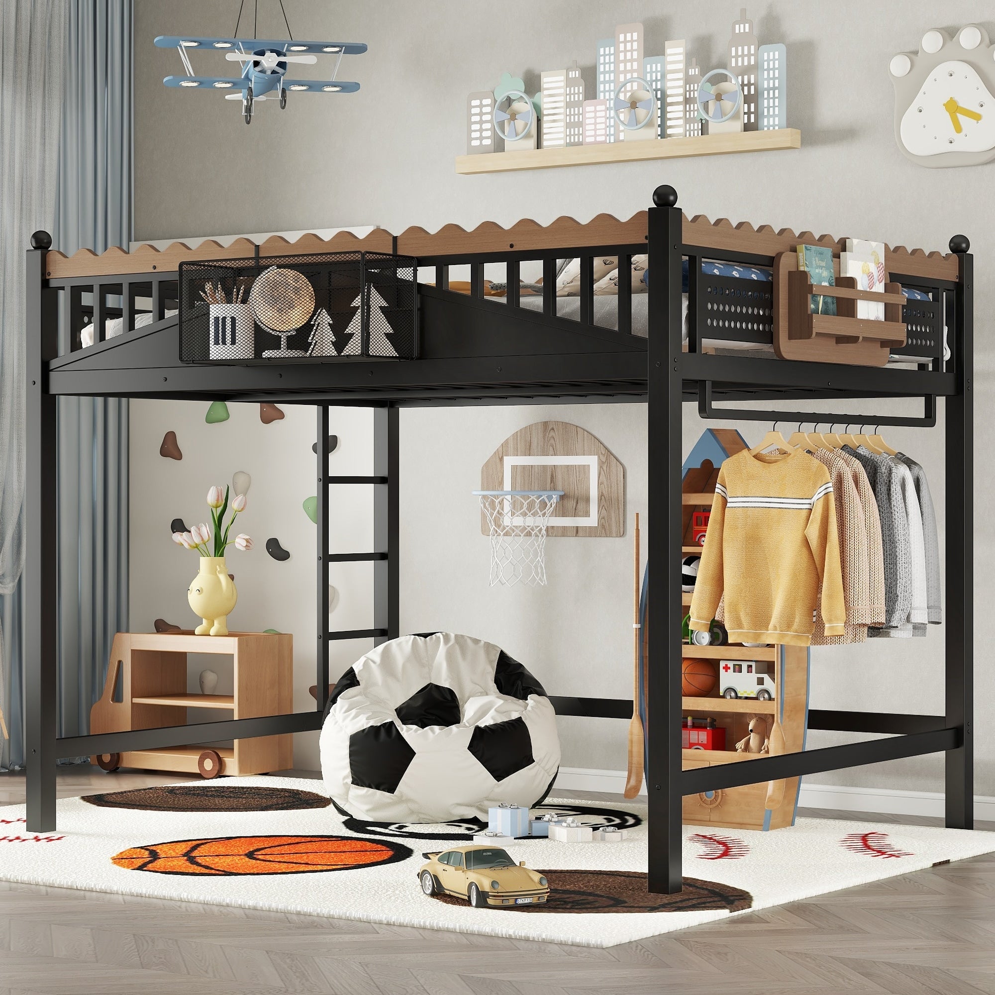 Modern Metal Loft Bed With Shelves Bookshelf Ladder Entry No Box Spring Needed Multi Size