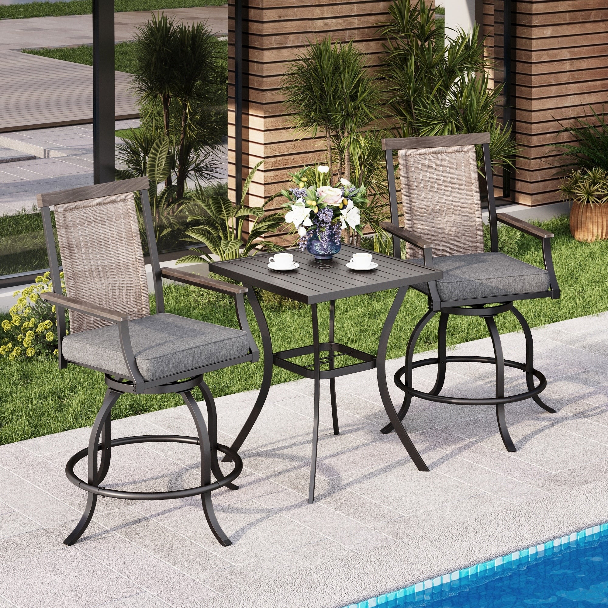 Phi Villa Patio Bar Set 3 Pcs Outdoor Metal Bar Set With 2 Swivel Cushioned Stools 31 Square Patio Bar Table
