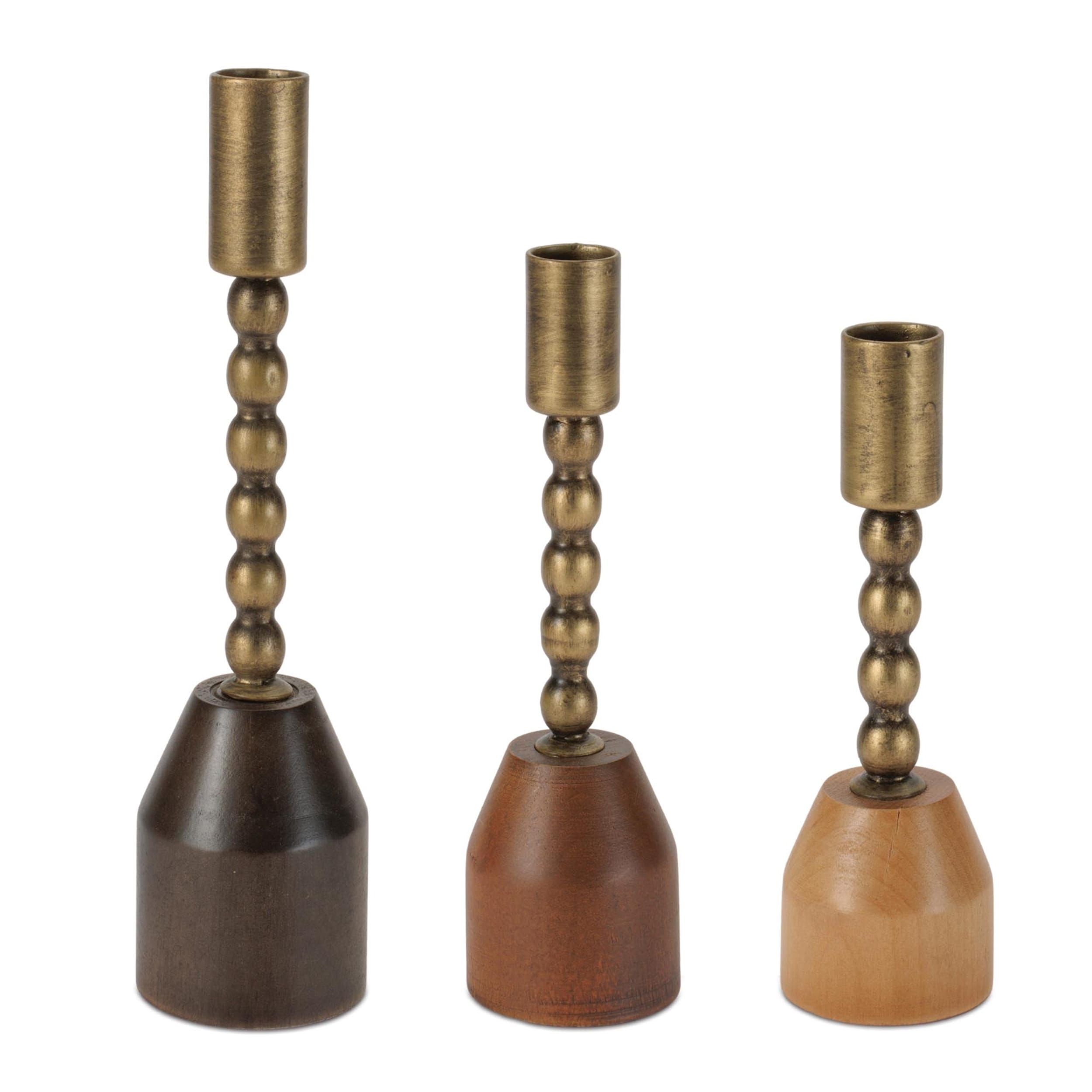 Modern Metal Taper Candle Holder With Birch Base Set Of 3