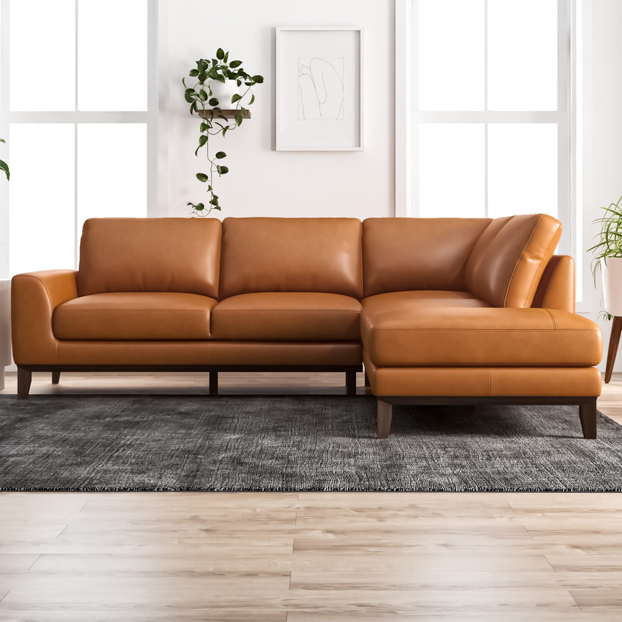 Mid Century Modern Milton Tan Leather Sectional Sofa Right Chaise 33 H X 100 W X72 D