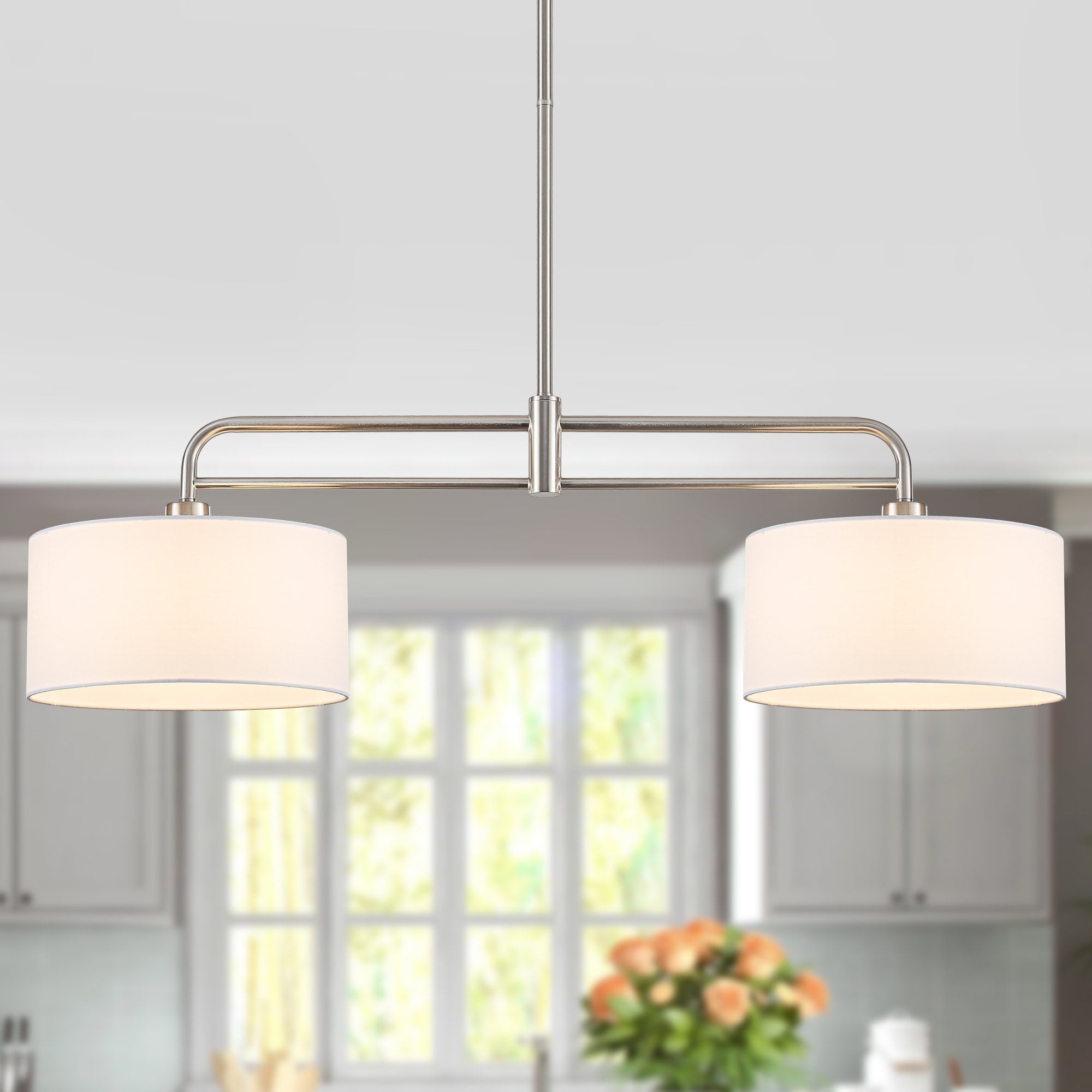 Modern Minimalist 2 Light Linear Island Chandelier Metal Pendant Light With White Drum Shades