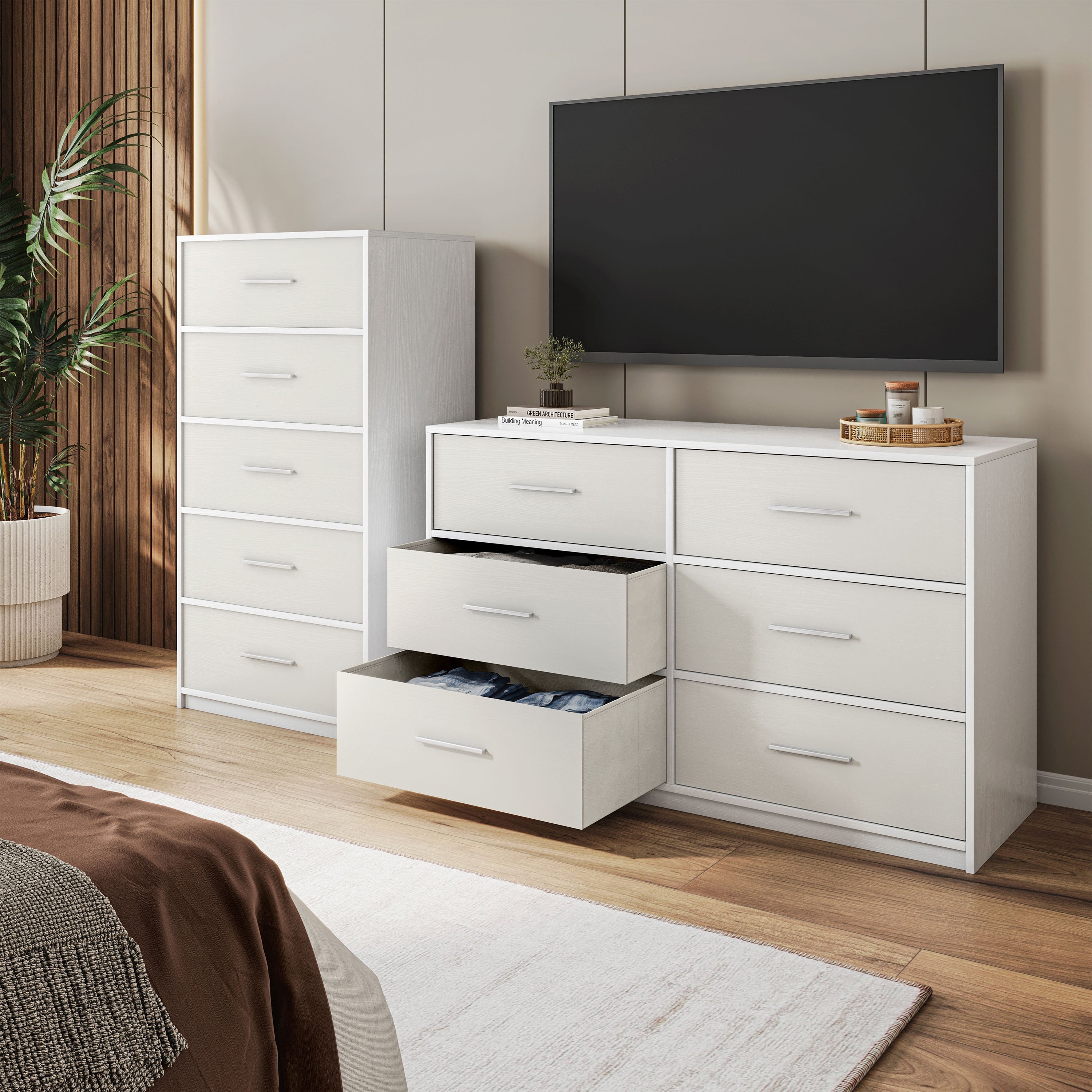 Modern Minimalist 5 Drawer Dresser With Large Fabric Drawers