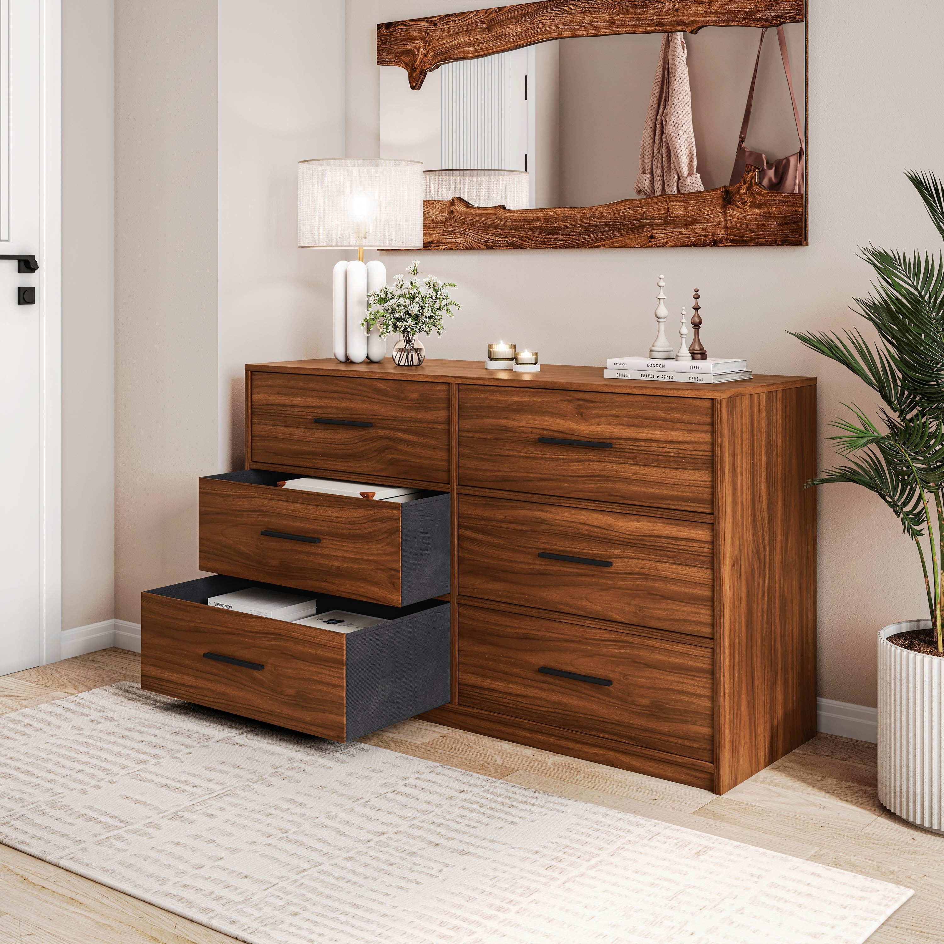Modern Minimalist 6 Drawer Dresser With Large Fabric Drawers
