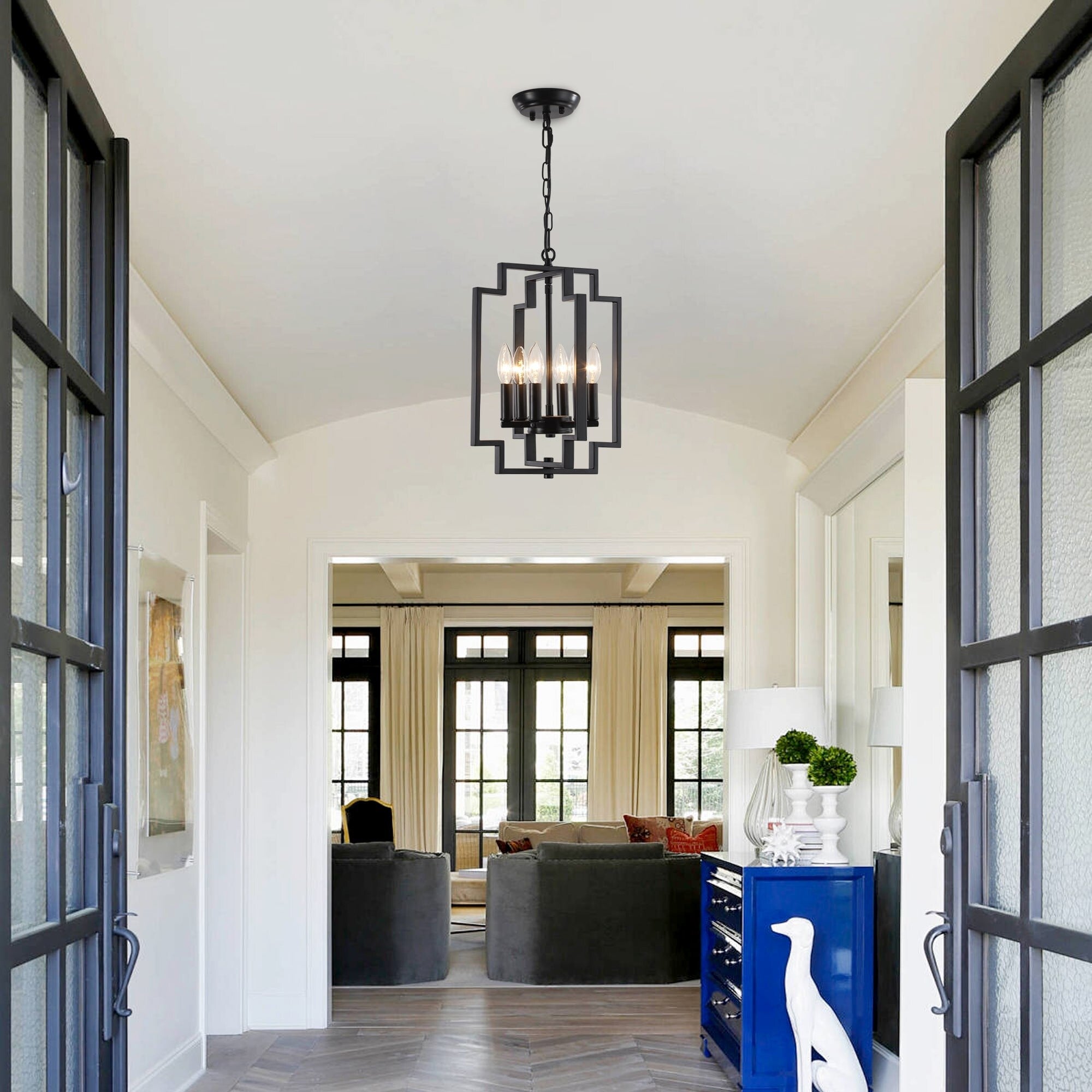 Modern Minimalist Black 6 Light Metal Rectangular Frame Pendant Light